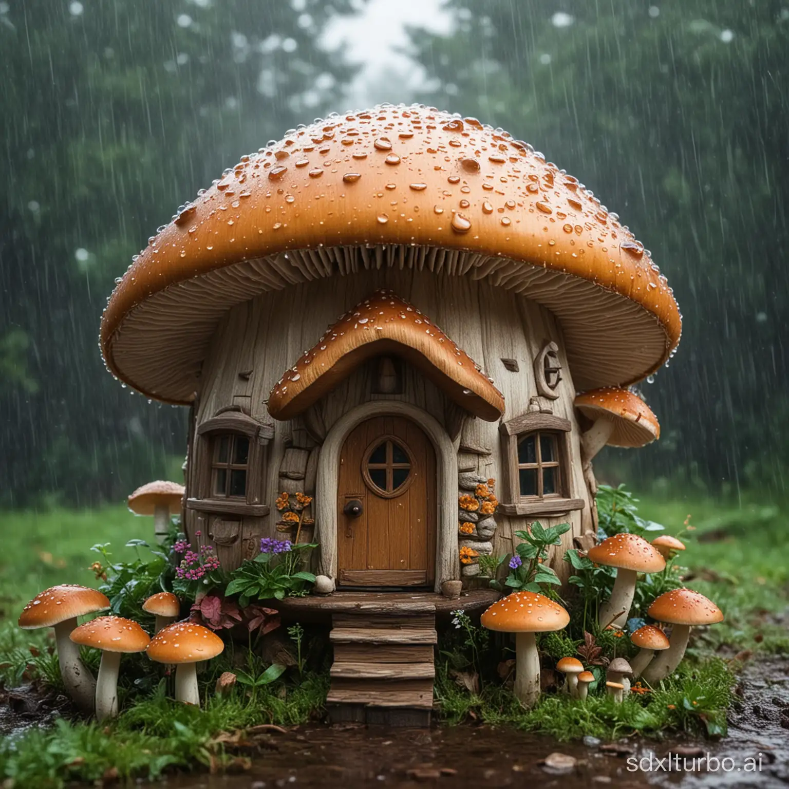 a mushroom house in raining day