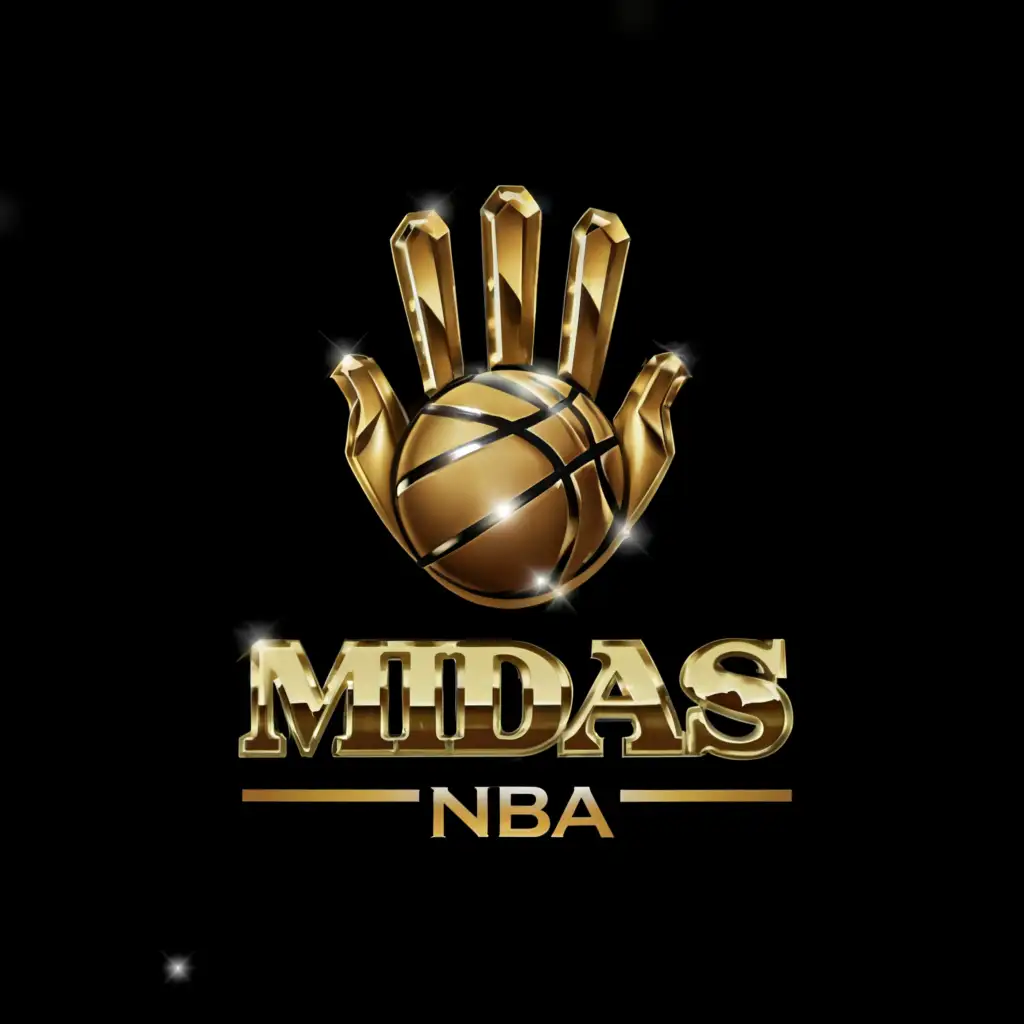 a logo design, with the text 'Midas NBA', main symbol: A gold hand holding a basketball, 5 fingers, black background., Moderate, to be used in Sports Fitness industry, clear background