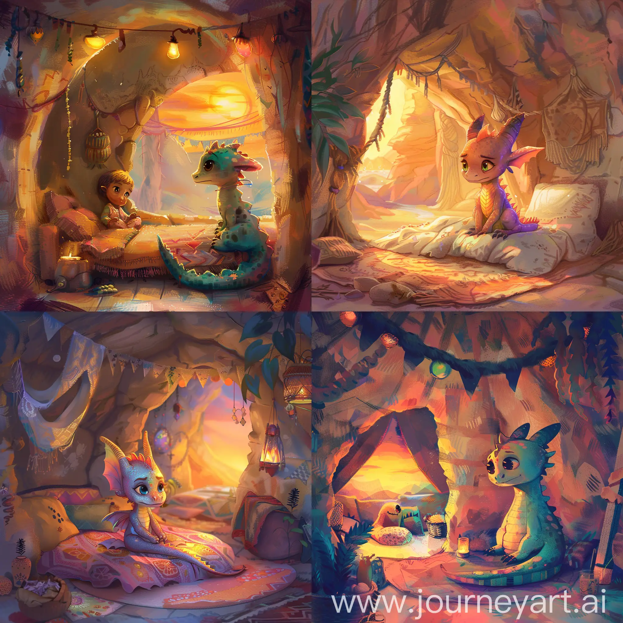 Adorable-Baby-Dragon-in-Sunset-Colors-Cozy-Bohemian-Cave-Scene-with-Mother