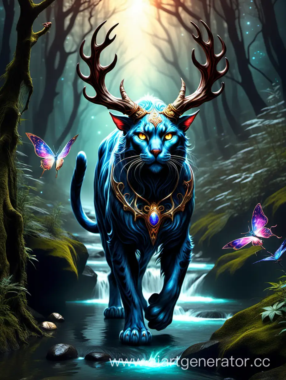 Cosmic-Horned-Cat-Stalking-Along-Mountain-Stream-in-Enchanted-Forest