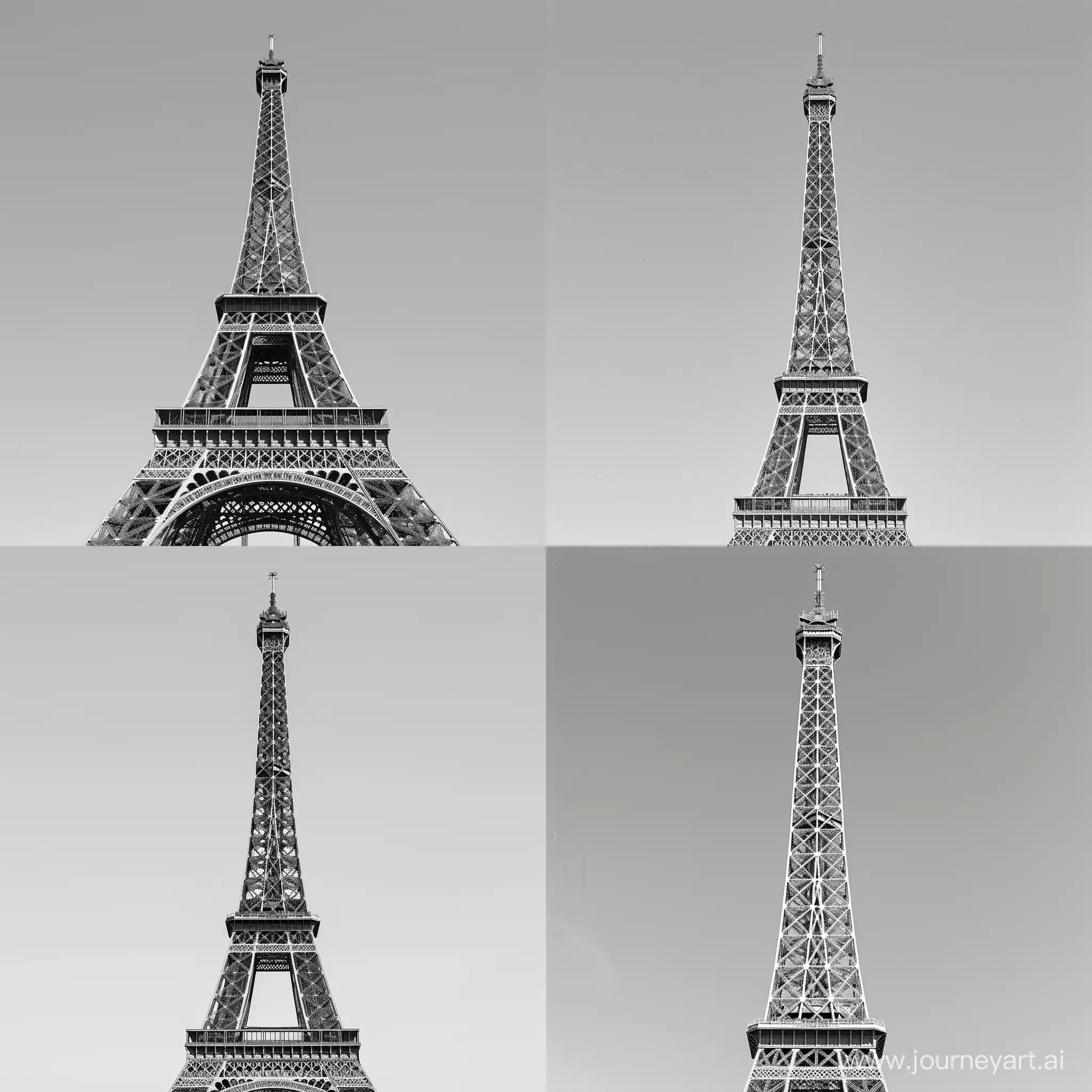 Eiffel Tower, stylish magazine-like black and white photo, against a uniform gray background

