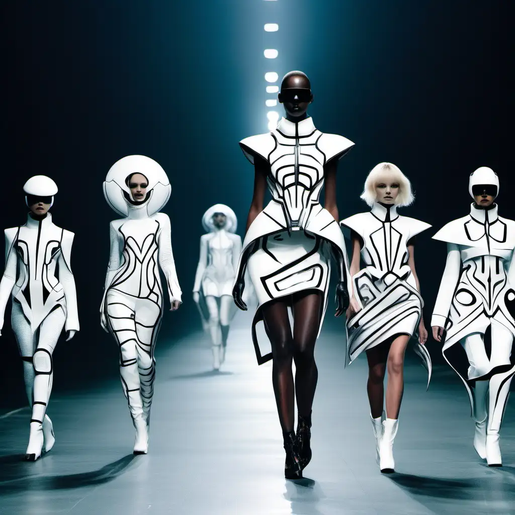 fancy abstract futuristic outfits on on dark runway