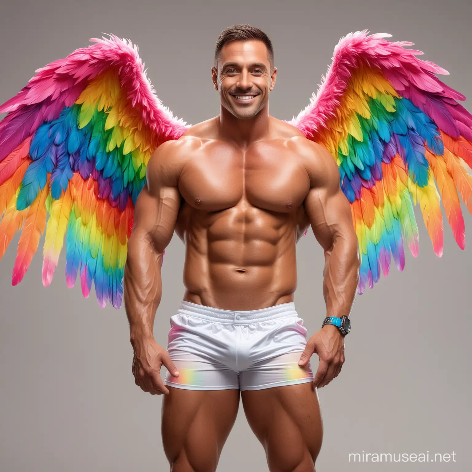 Full Body to feet Topless 30s Ultra Chunky Big Eyes IFBB Bodybuilder Daddy with Great Smile wearing Multi-Highlighter Bright Rainbow with white Coloured See Through Eagle Wings Shoulder LED Jacket Short shorts left arm up Flexing