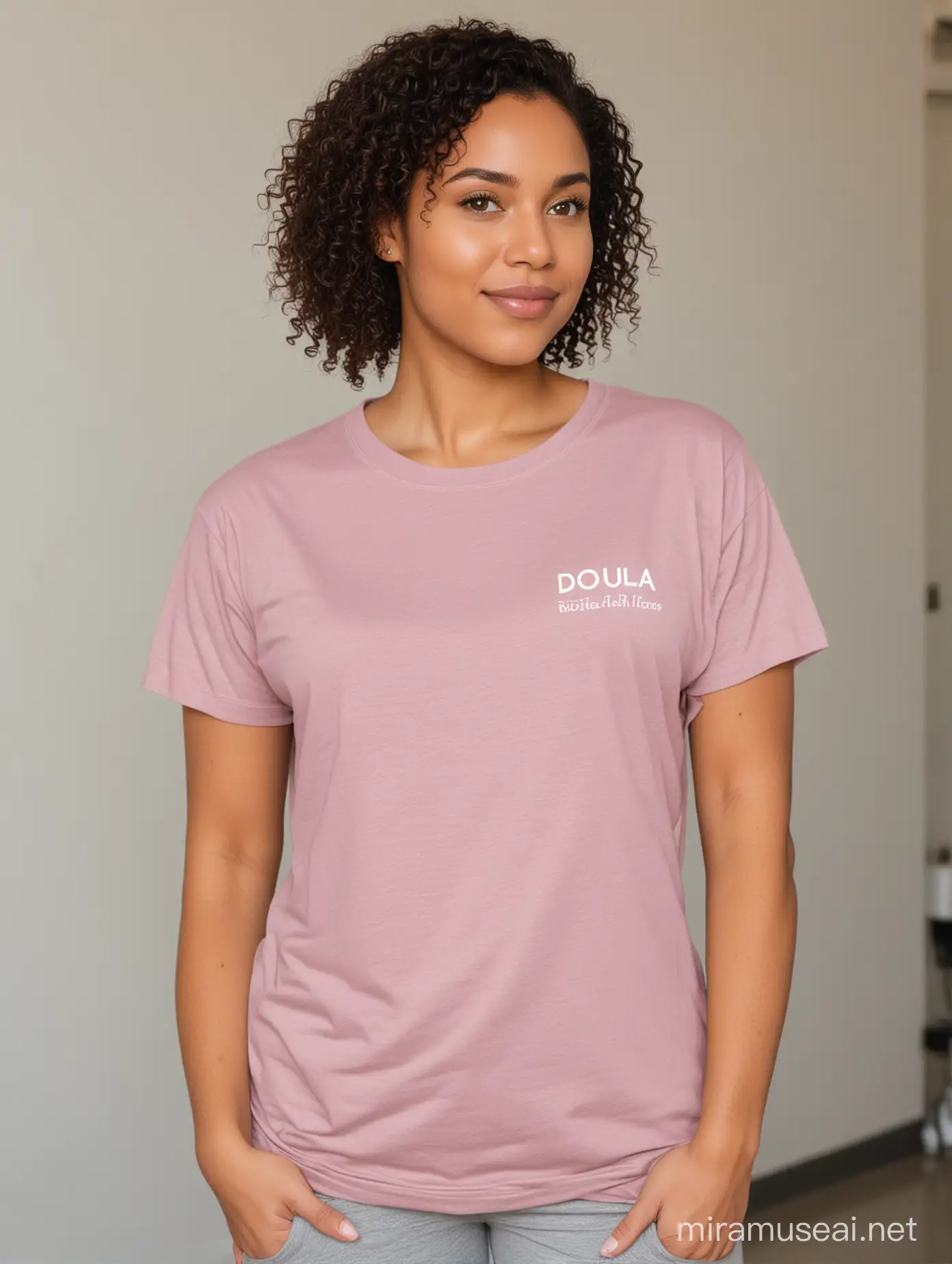 A doula nurse model standing in a hospital wearing a plain Bella+Canvas 3001 Heather Mauve round neck plain tshirt with no pockets