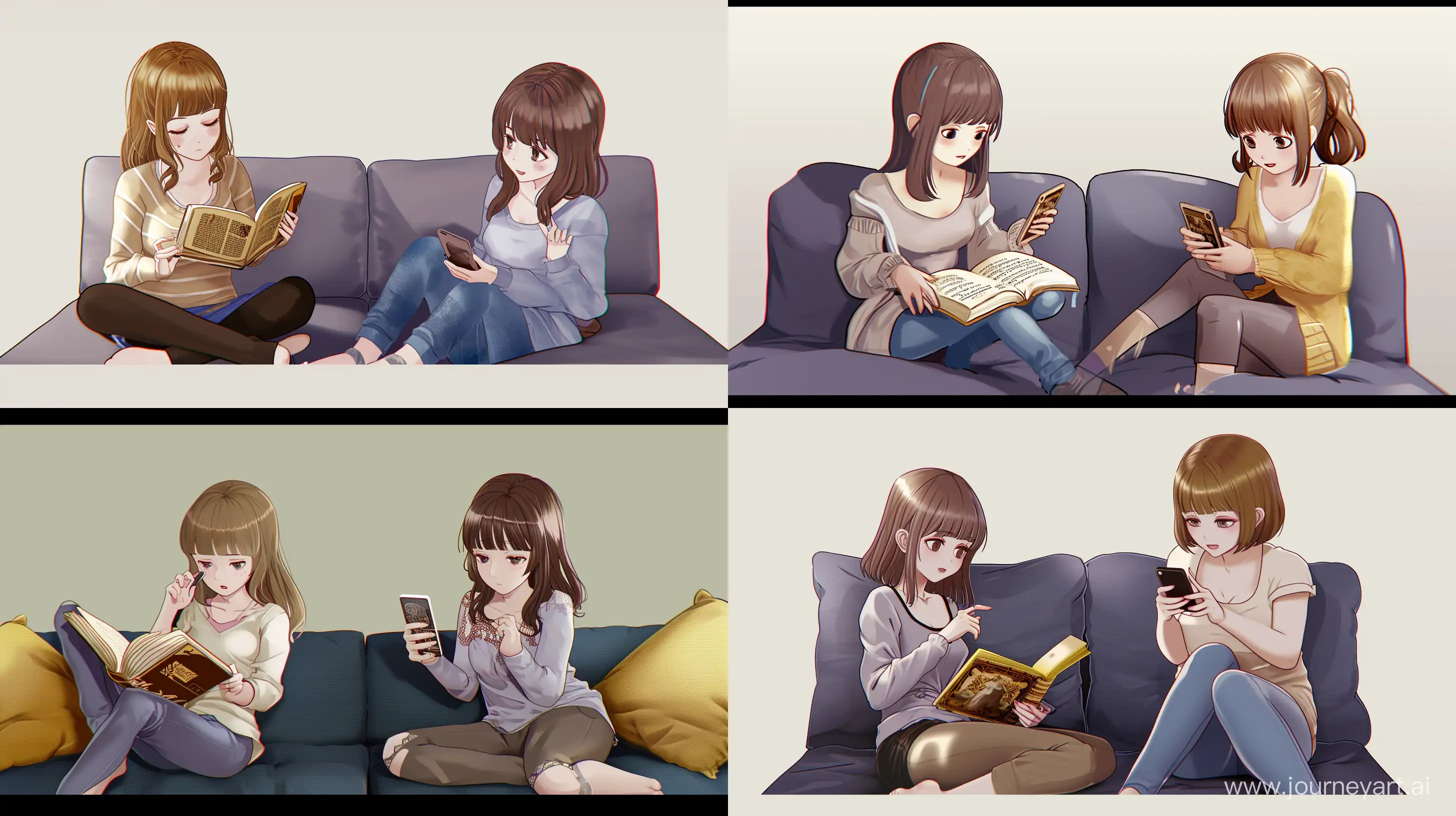 Relaxed-Anime-Girls-Reading-and-Using-Smartphone-in-Chibi-Style