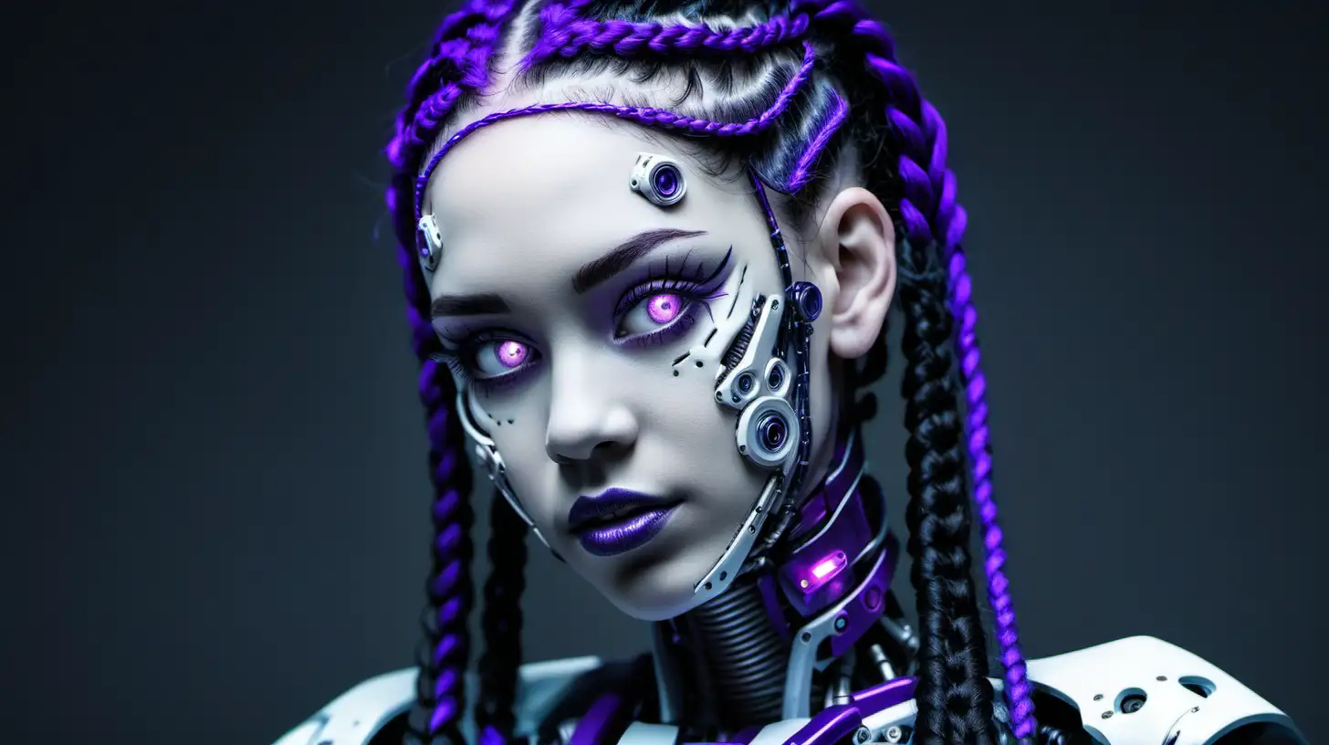 Cyborg woman, 18 years old. She has a cyborg face, but she is extremely beautiful. White skin. Black braids and purple braids.