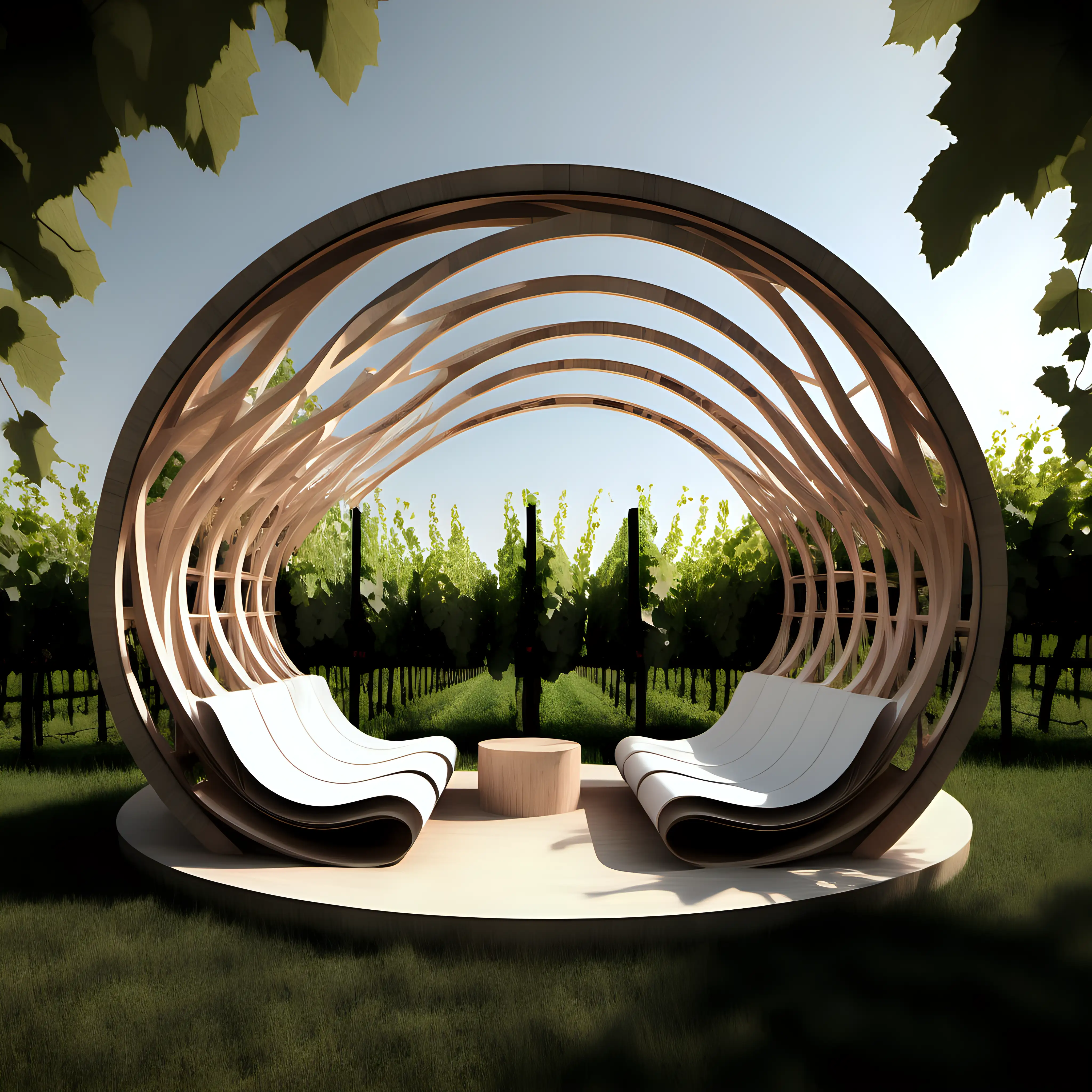 to create a small parametric circular pavilion sitting with simple  elements  in a vineyard