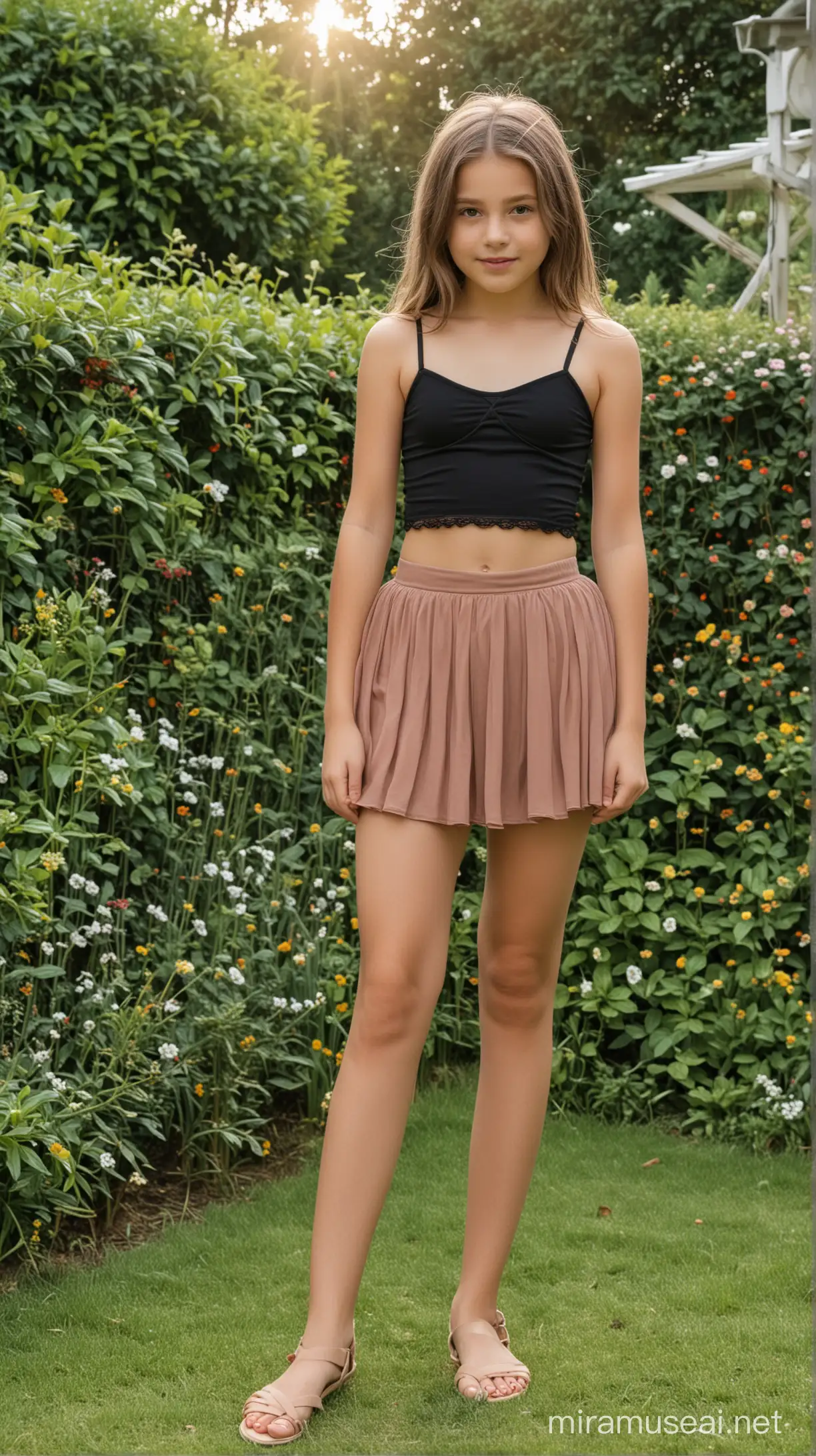 12 years old girl, wearing strappy crop camisole with flowy mini skirt, in garden