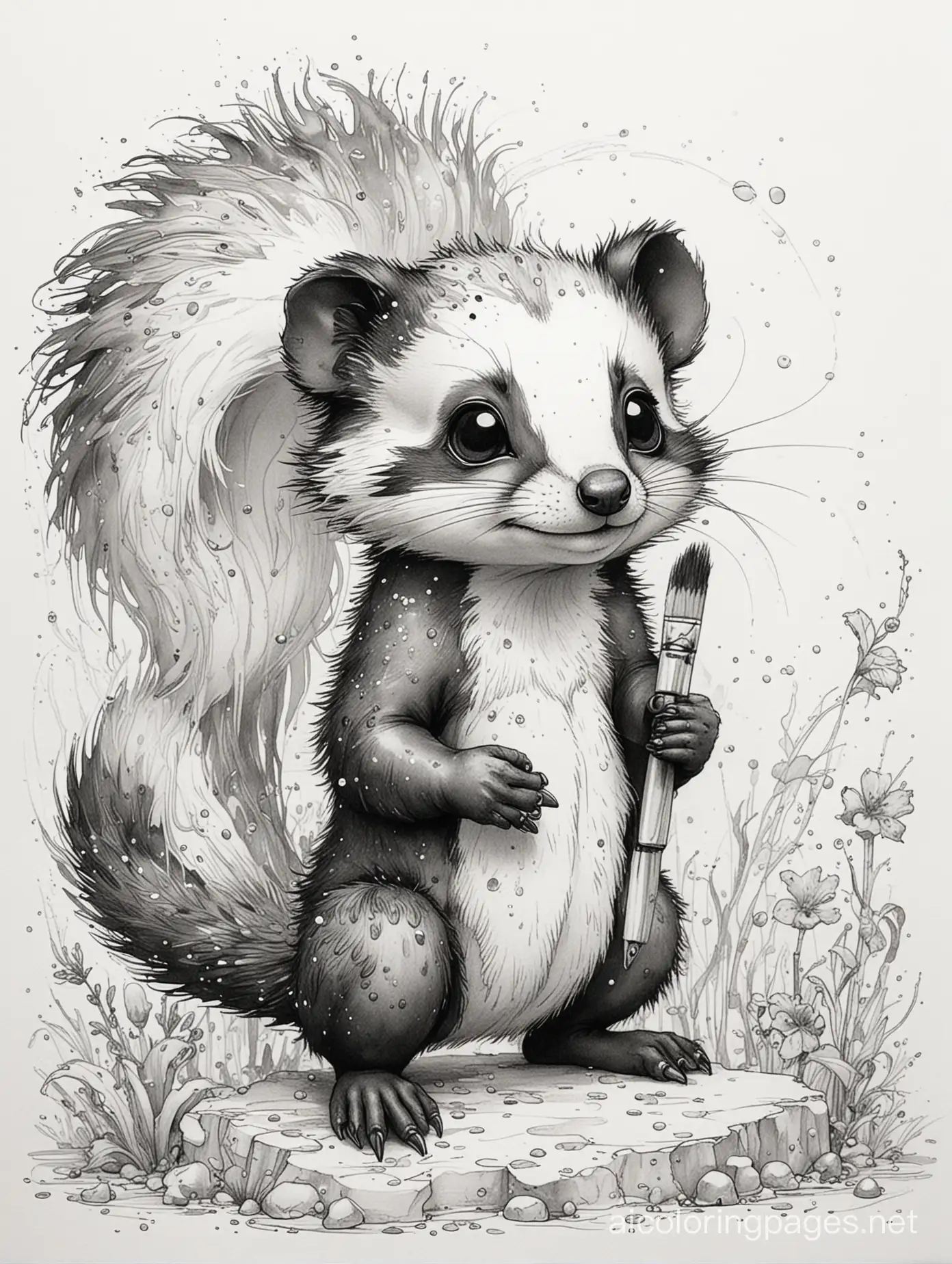 Wet grunge, black ink , cute chibi skunks, brush mark on white watercolor paper ,sketch illustration, described in the polka dot style of Alphonse Mucha and Jeremy Mann, Coloring Page, black and white, line art, white background, Simplicity, Ample White Space. The background of the coloring page is plain white to make it easy for young children to color within the lines. The outlines of all the subjects are easy to distinguish, making it simple for kids to color without too much difficulty