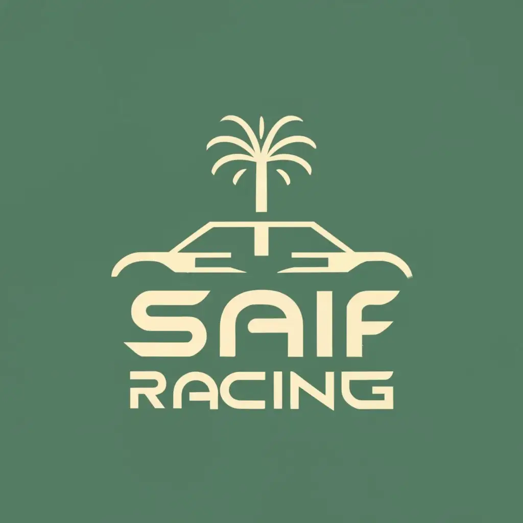 Simple logo, Formula 1 car with the Saudi Arabian Emblem mixed with it & a palm tree & a sword, with the text "Saif Racing", modern typography, be used in Motorsports industry.