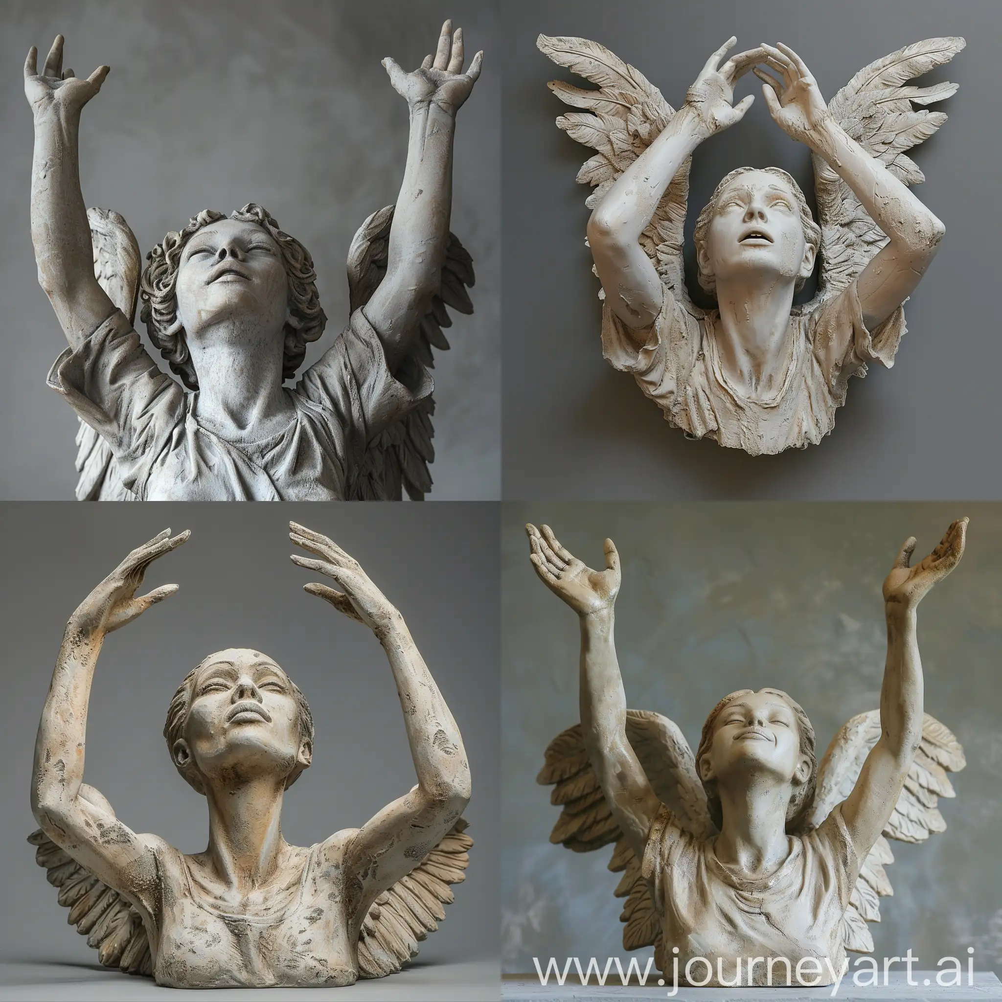 • Greek style, full figure, sculpture of a female angel, multicultural visage, wings spread, hands stretched up above the head, head tilted, looking up, grey background, 1024x1792, highres, professional lighting