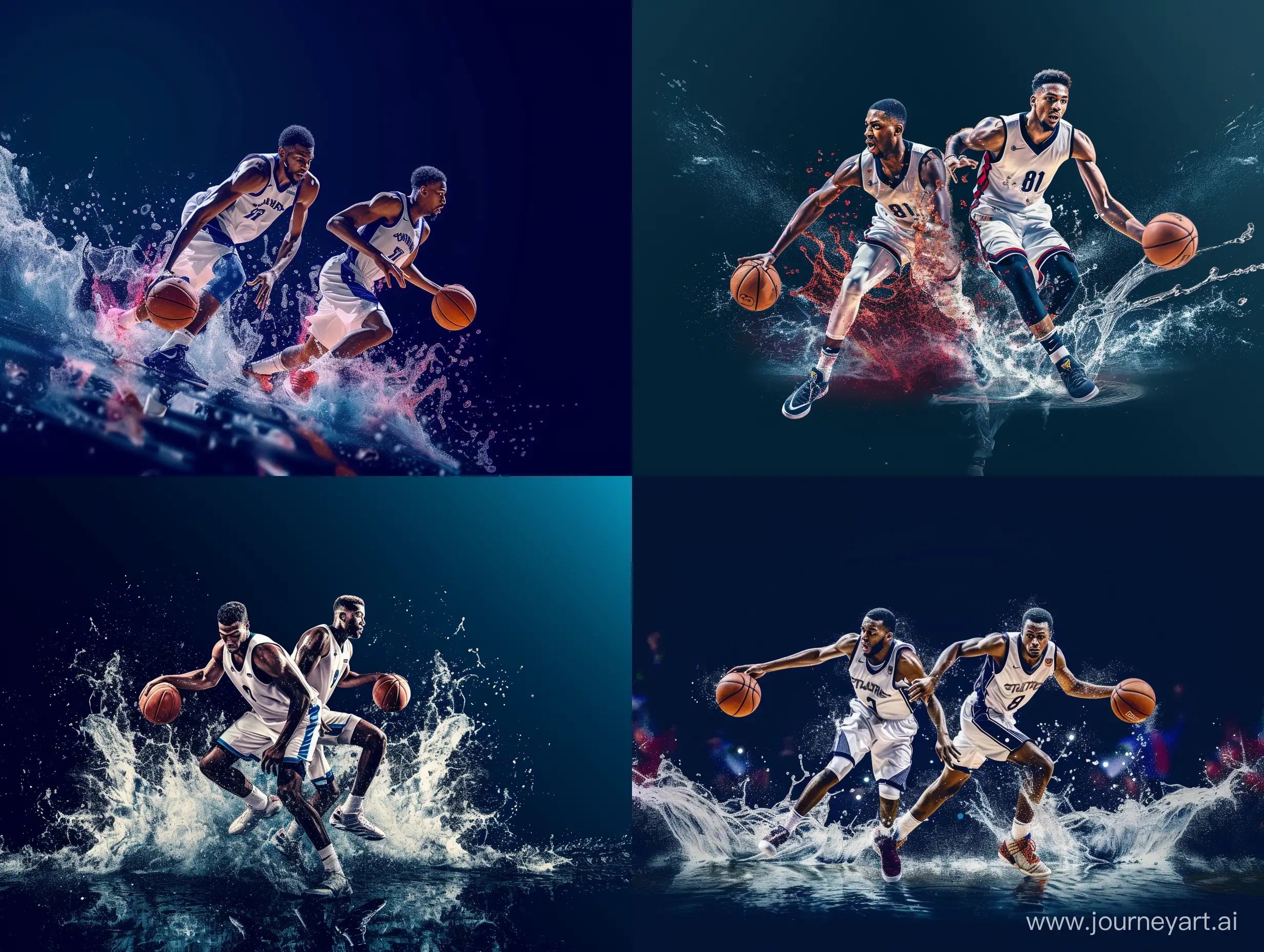 Two basketball players play on a gradient of dark blue background color with splashes of water and a little smoke full-length shot very detailed, focused, 8k, wallpaper, 32k, super resolution, --q 2