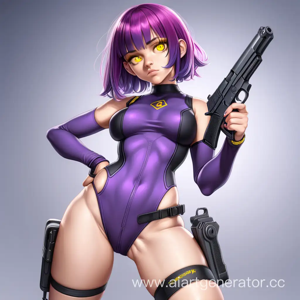 digital art, a girl with purple hair, yellow eyes, in shorts and a tight bodysuit with a gun, full height