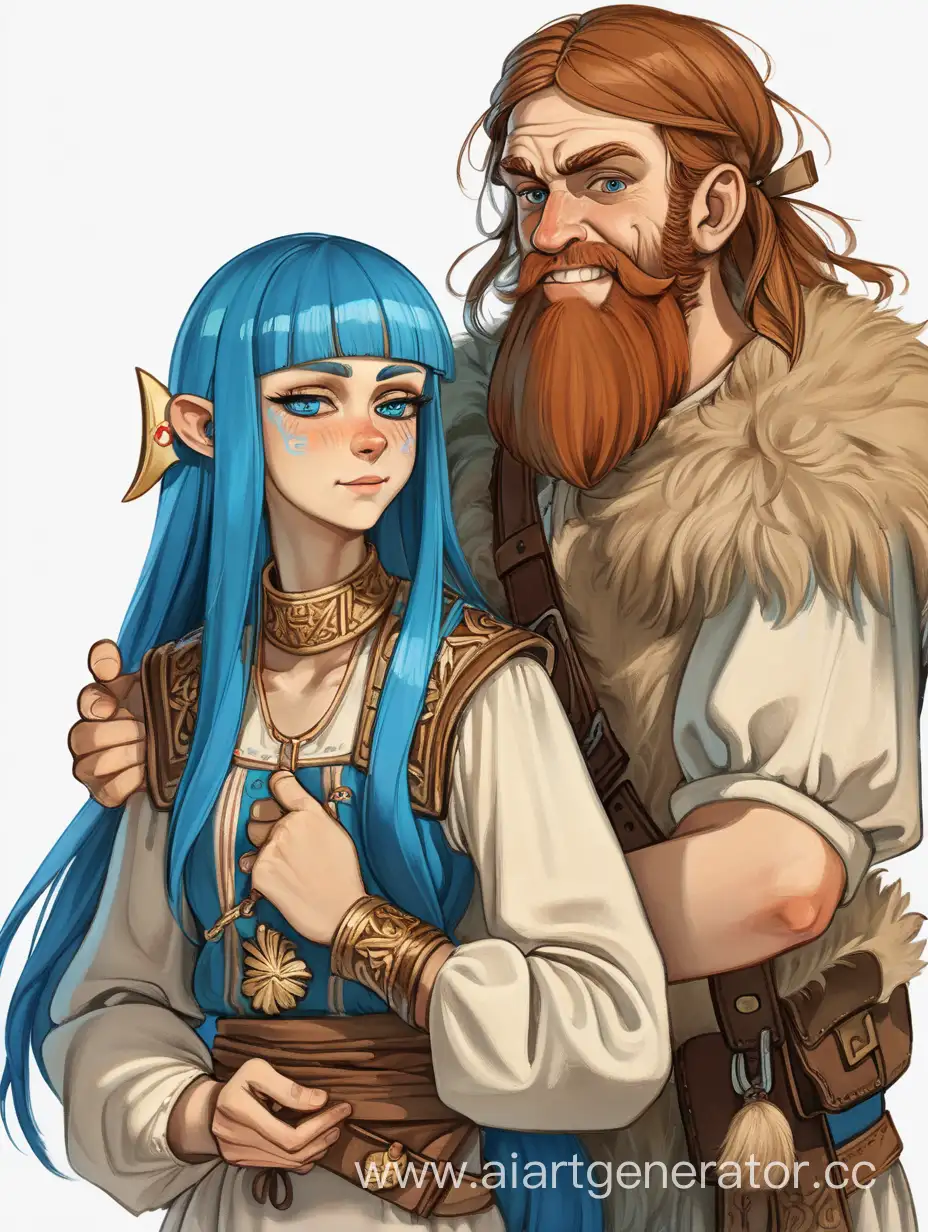 древнерусский разбойник с золотым зубом и каштановыми волосами с женой с голубыми волосами
