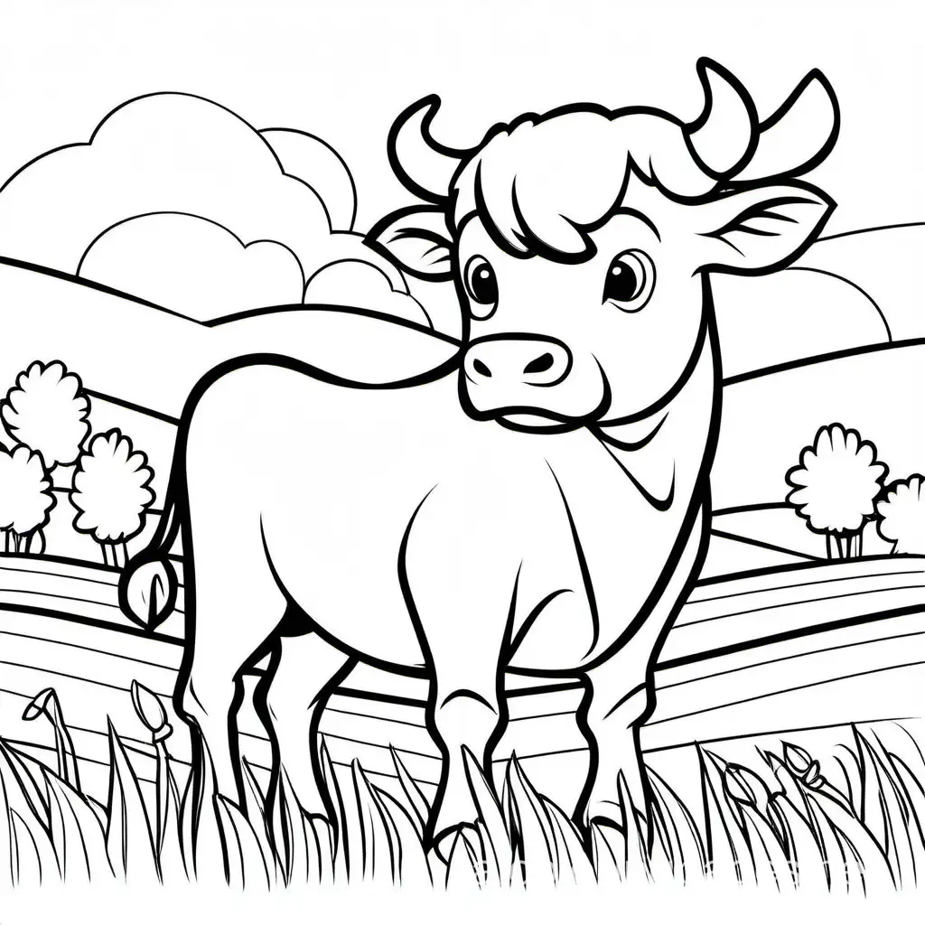 a cute bull in field, Coloring Page, black and white, line art, white background, Simplicity, Ample White Space. The background of the coloring page is plain white to make it easy for young children to color within the lines. The outlines of all the subjects are easy to distinguish, making it simple for kids to color without too much difficulty