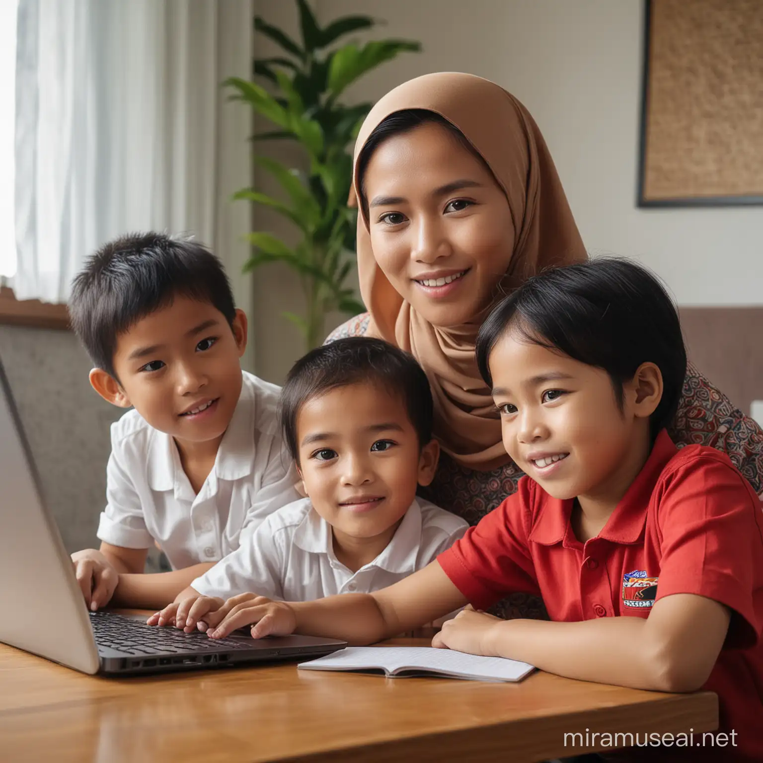 create HD image, indonesian mother, with children, doing online business whilst the children study, in living room