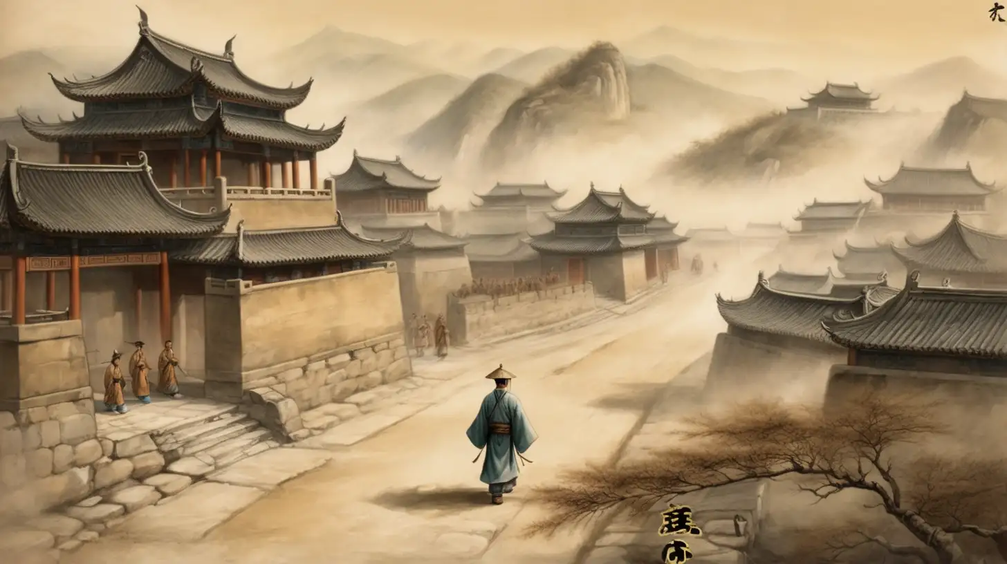 from a distance a single disciple walking on a patrol, ancient china. one person