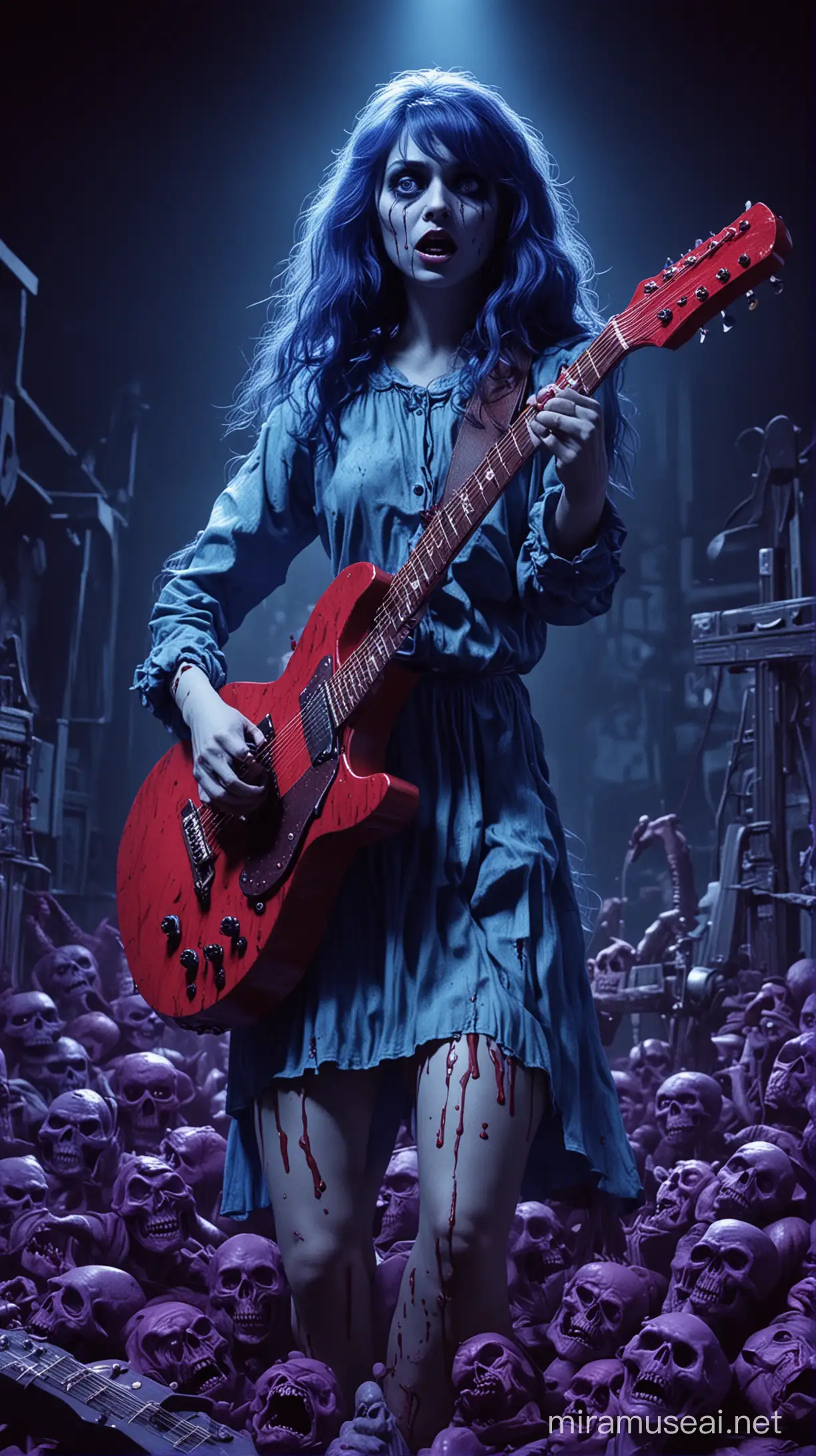 Generate a poster in a horror movie style of the 80s with blue hues, reds, and purple. Use this film synopsis for the cover, A talented stop-motion animator holding guitar becomes consumed by the grotesque world of her horrifying creations -- with deadly results. NO TEXT