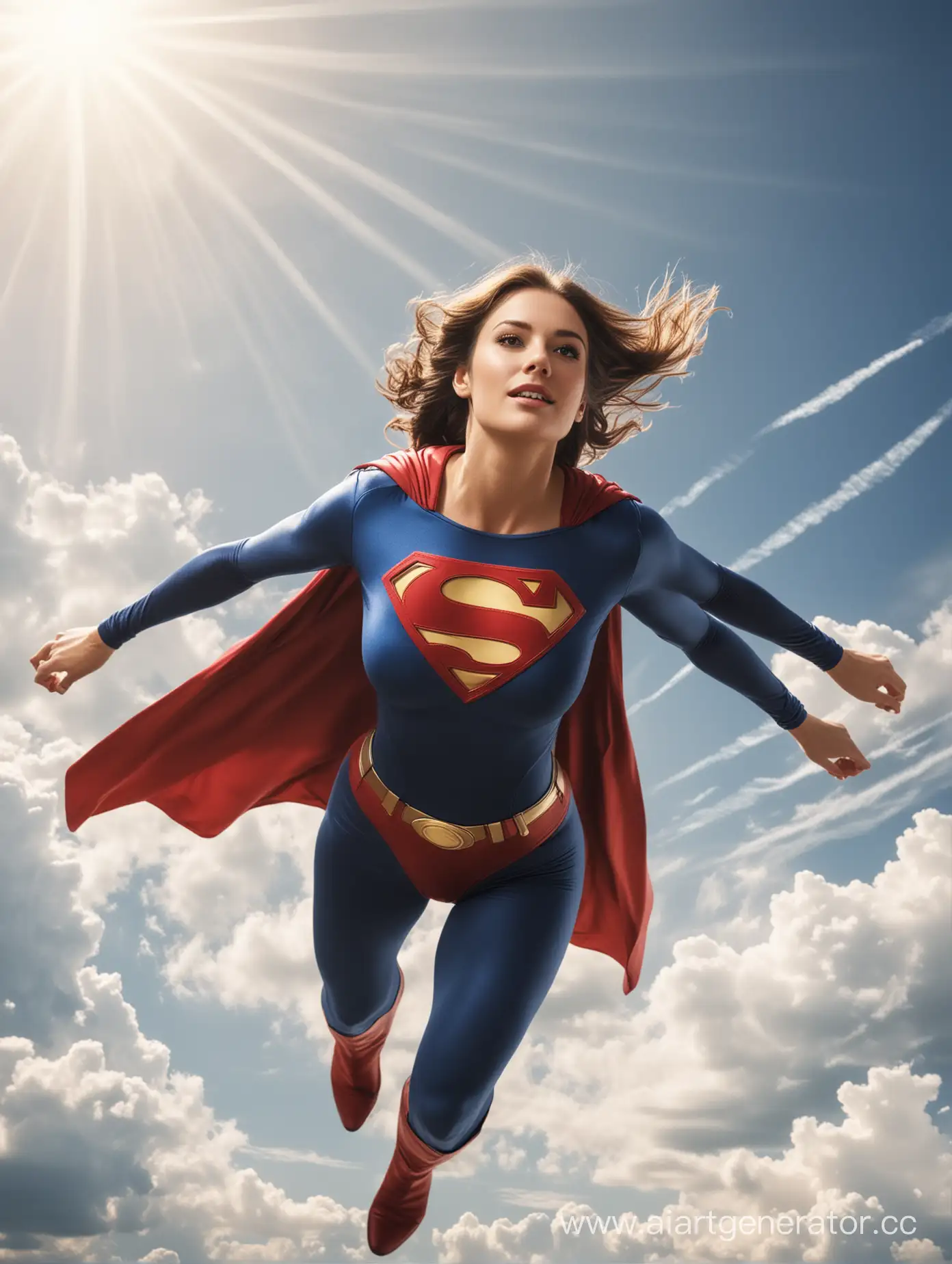 A beautiful woman with brown hair, age 30, She is flying through the sky like Superman, she is wearing the classic Superman costume