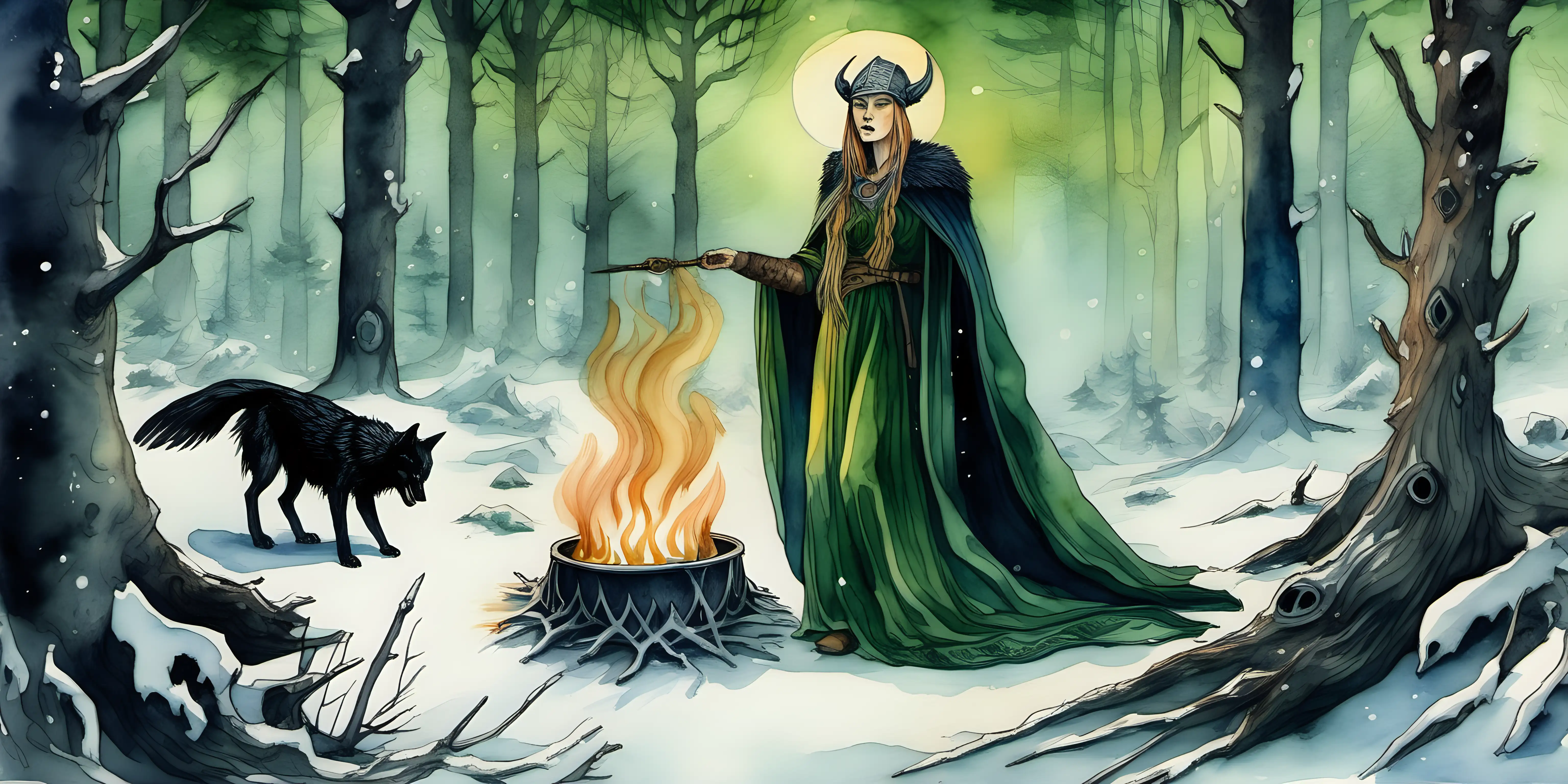a water colour painting of a viking sorceress , one raven on the ground ,she is in an ancient green pine tree forest with  a wolf beside  her in the snow,  She has a cauldron on the fire