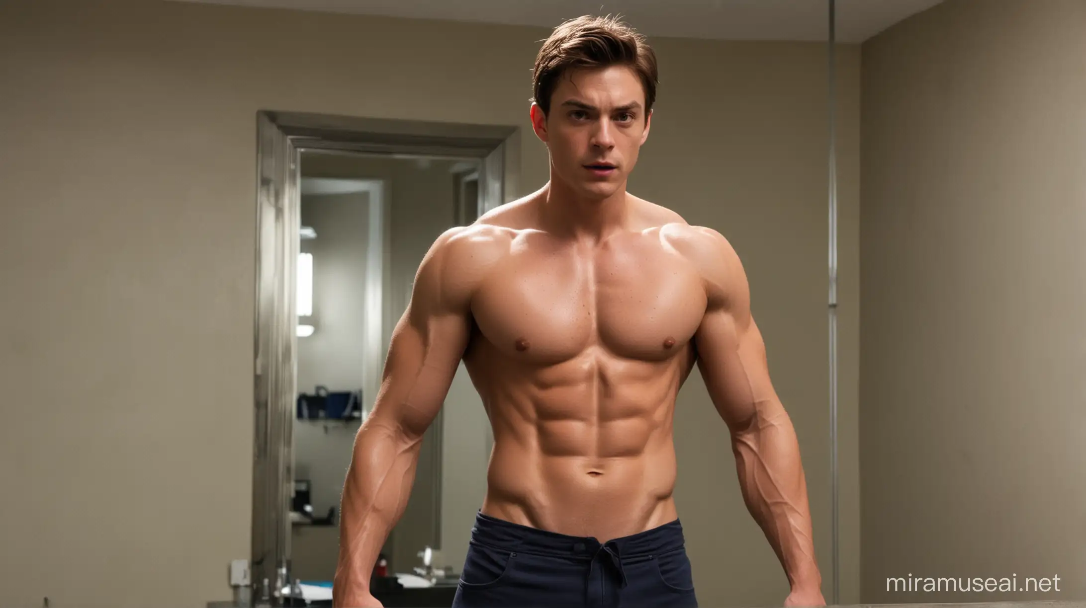 Muscular Peter Parker Poses in Bare Room with Mirror