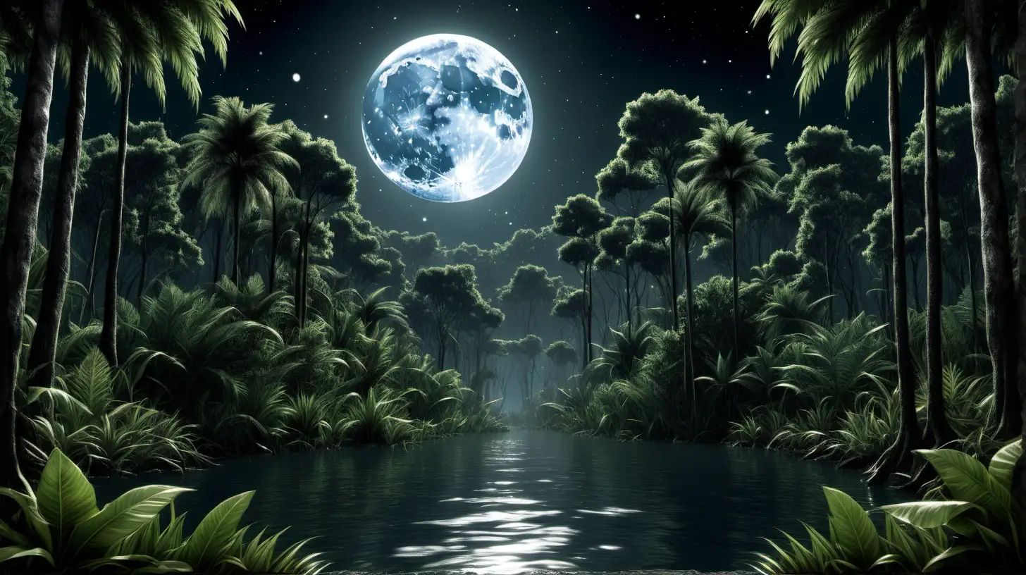 night time jungle, very detailed, moon, tall trees, water in the middle, super realistic, clean and detailed
