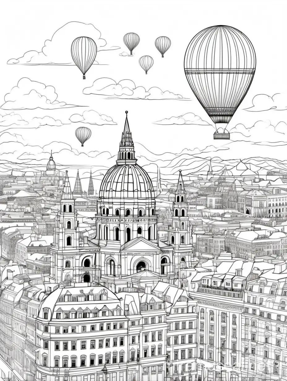 100% white background, coloring page for adults, clean and simple line art, clear outlines, Budapeste, landmarks, a balloon flies in the sky, --no shading, color