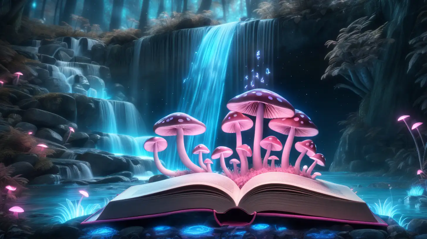 Enchanted Blue Glowing Book Surrounded by Pink Mushrooms and Glowing Waterfall
