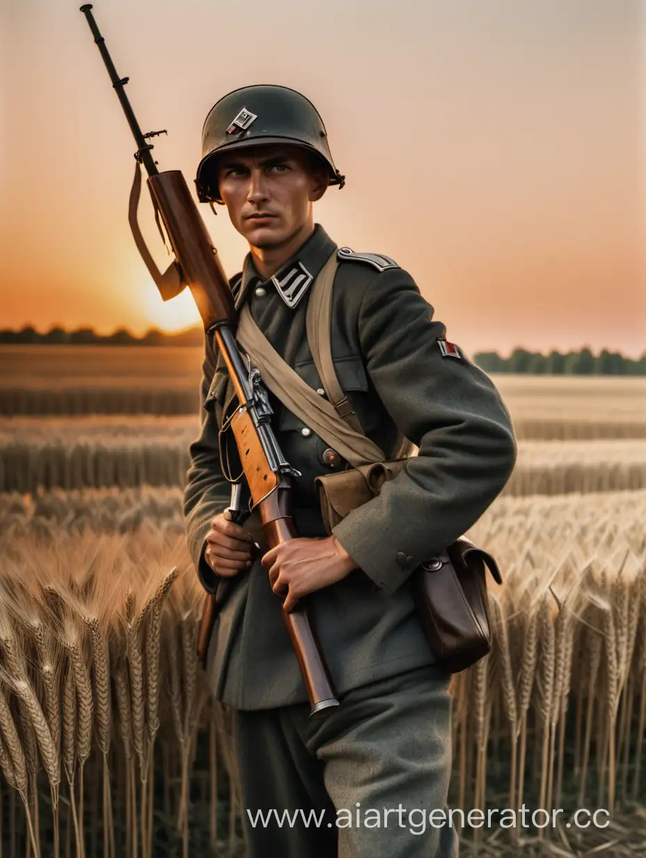 a wehrmacht soldier in a wheat field stand half-side ways to the camera, turning away. he holds a mosin rifle on his shoulder. sunset on the background