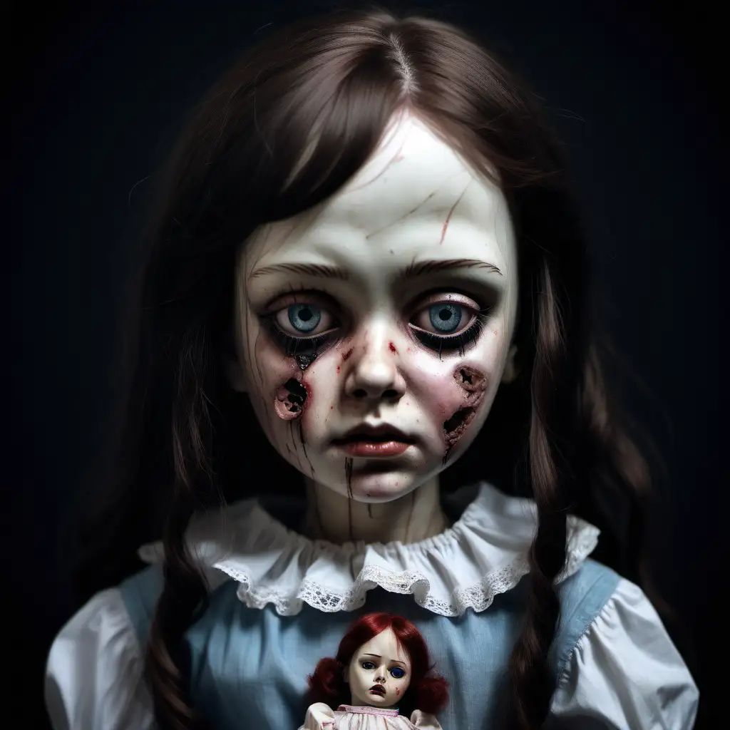 Eerie Portrait Realistic Blend of Mutilated Human Girl and Vintage Doll