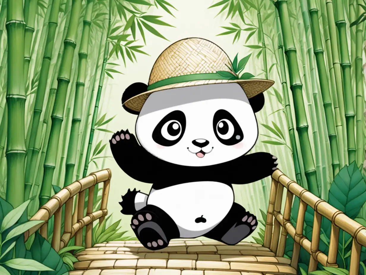  mischievous baby panda cub wearing a tiny explorer hat scales a towering bamboo forest, peeking out from behind leafy tunnels and bamboo bridges. Intricate leaves, fuzzy panda fur, and playful expressions in graphic novel style.