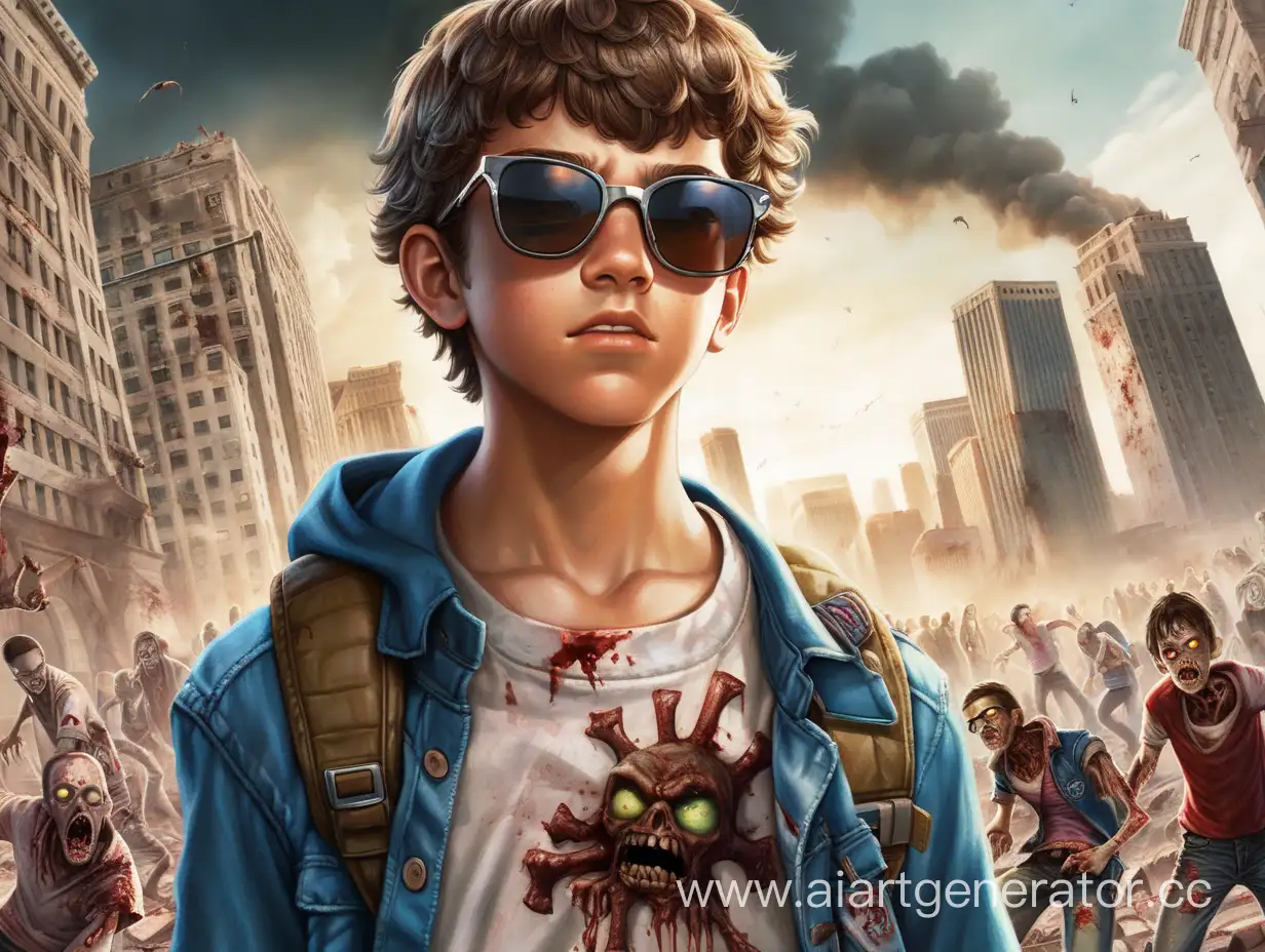 пятнадцатилетний парень в солнцезащитных очках, на заднем фоне разрушенный город и зомби