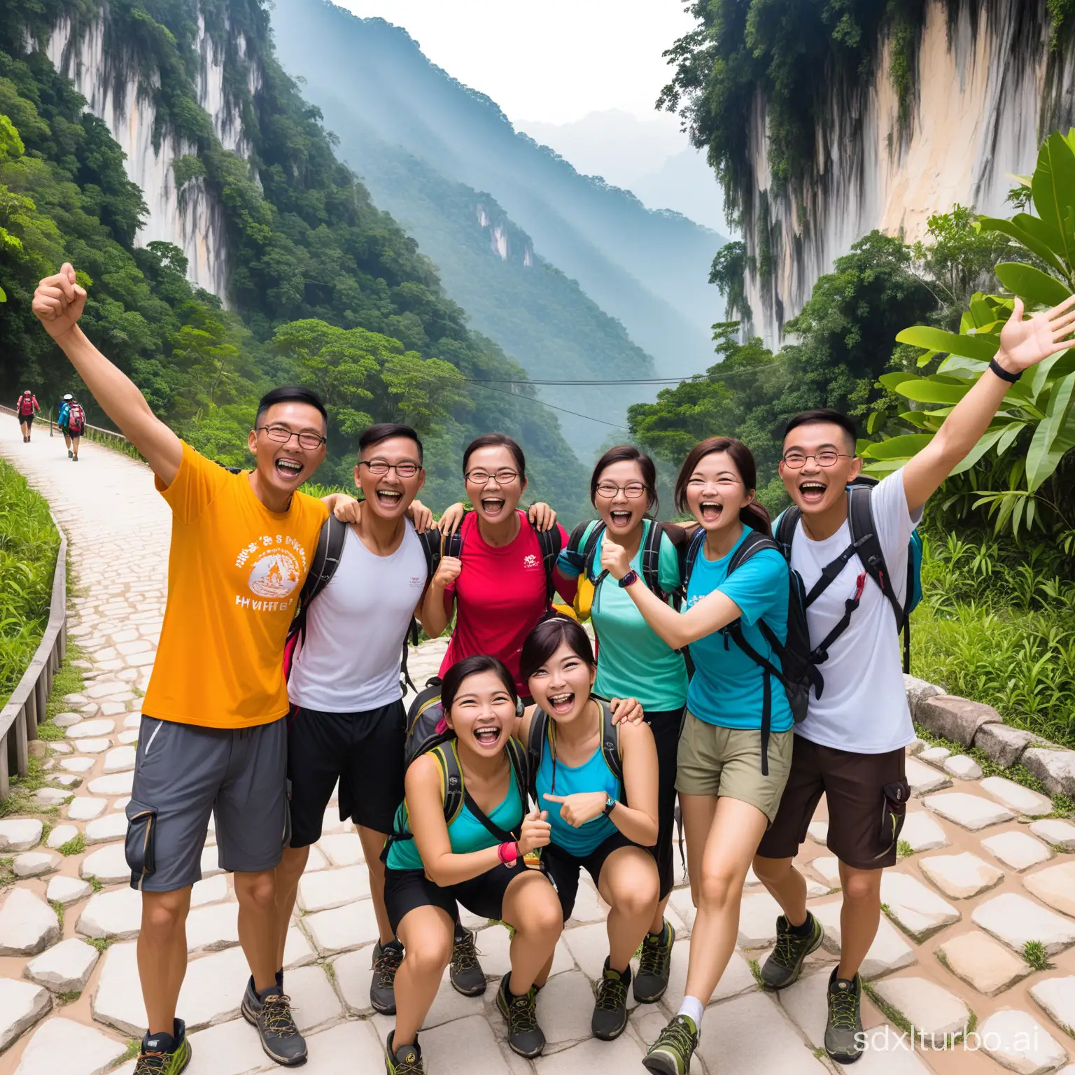  image depicting a group of Chinese hikers in Ipoh, Malaysia, celebrating their hiking adventure. They're captured in a cheerful and energetic moment.