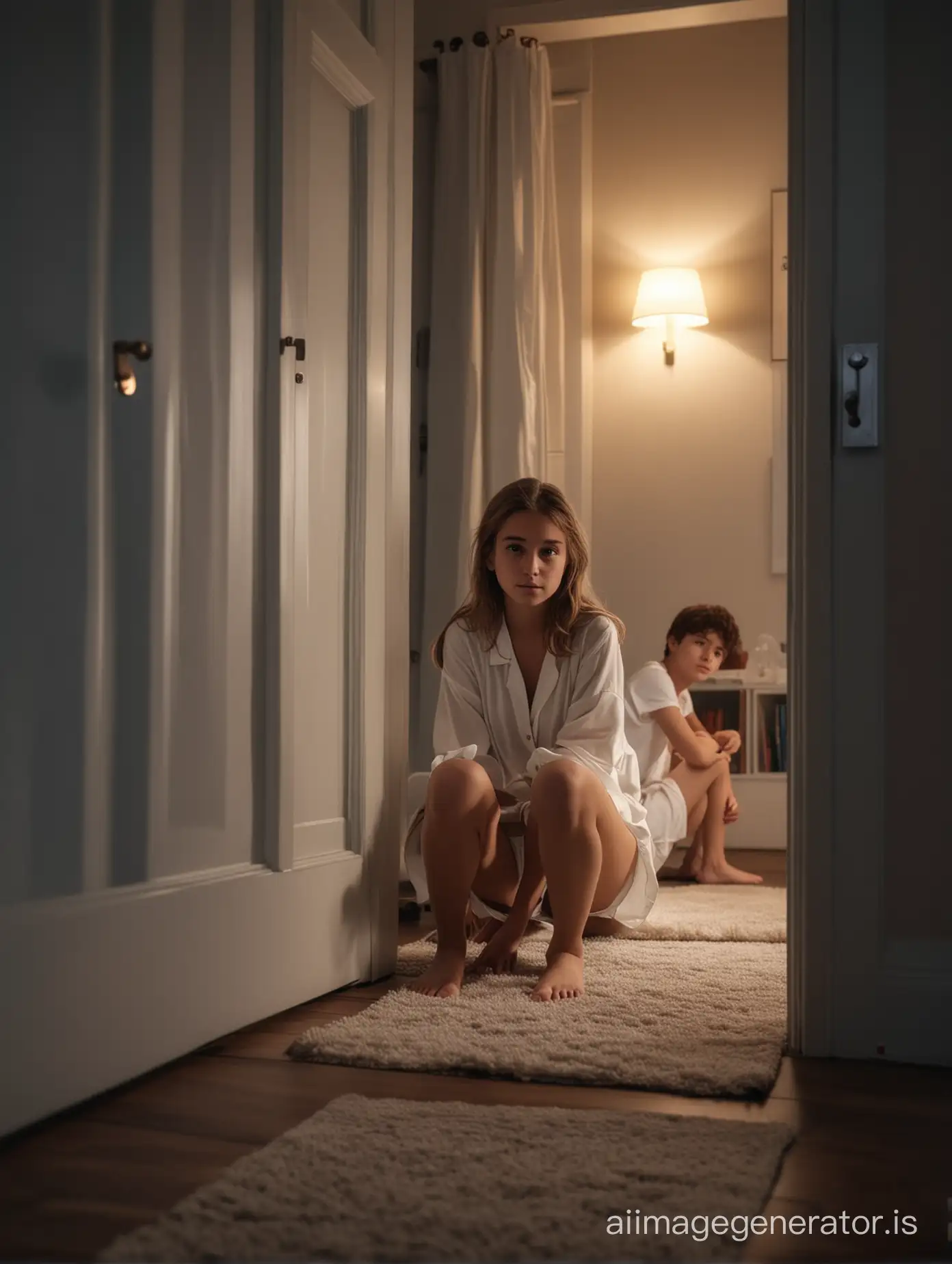teen girl wearing white silk panties sitting in her room, and the younger boy peeking through the open door under the moonlight. focus on the emotions and interactions between the characters, , dramatic lighting, cinematic composition, 4K