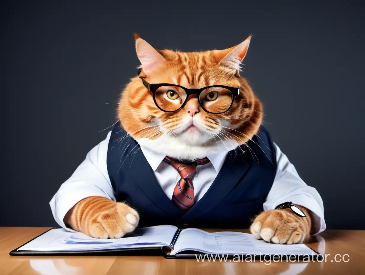 Толстый кот джинджер как бухгалтер в очках