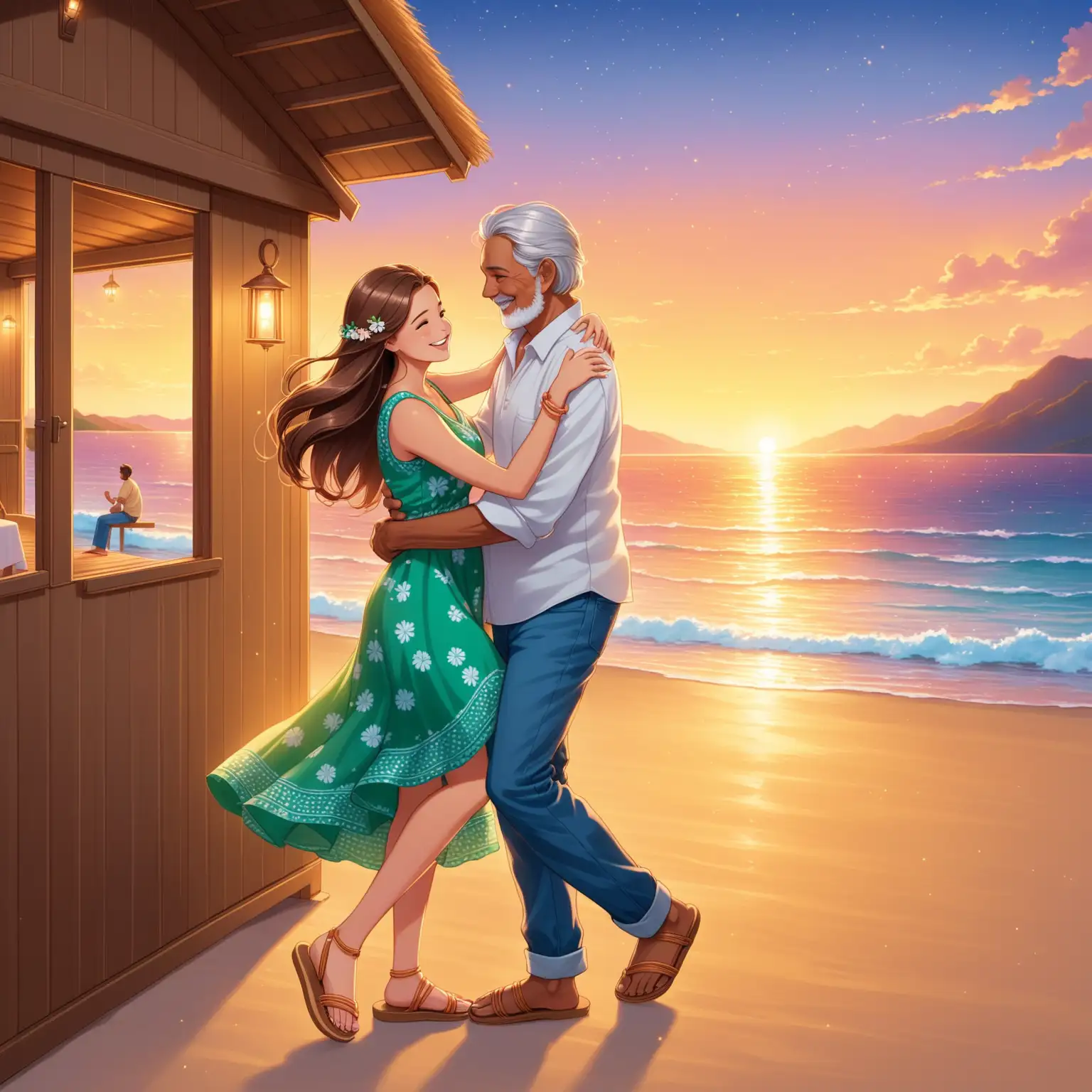 Romantic Sunset Dance Skipper and Her Andean Husband on Beach Hut Terrace