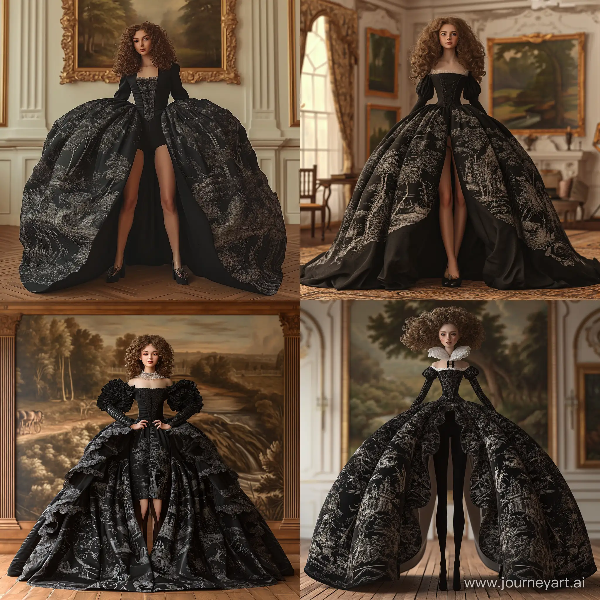 a very beautiful girl ((solo)) with brown curly hair, a face and a figure like Caitlin Winters!!!!!!!!!!! She is wearing a black  grand panier dress with wide legs and a pattern!!!!!!!!!mid-18th century, from the collection of the Victoria and Albert Museum. she stands tall against the background of the room, a very large detailed drawing in the form of a summer forest with many trees and rivers is visible on a wide dress!!!!!!!!!! the most bulky dress, princess, beautiful digital images, beautiful woman, beautiful woman, gorgeous and sweet, gorgeous, beautiful women, beauty, beautiful majestic digital art, queen, beautiful digital art, elegant digital painting, elegant digital art, perfect body, !front light, ((masterpiece)), ((best quality)), high detail, highest detail, ah, high detail, bright colors, HDR shooting, photorealistic, surrealism