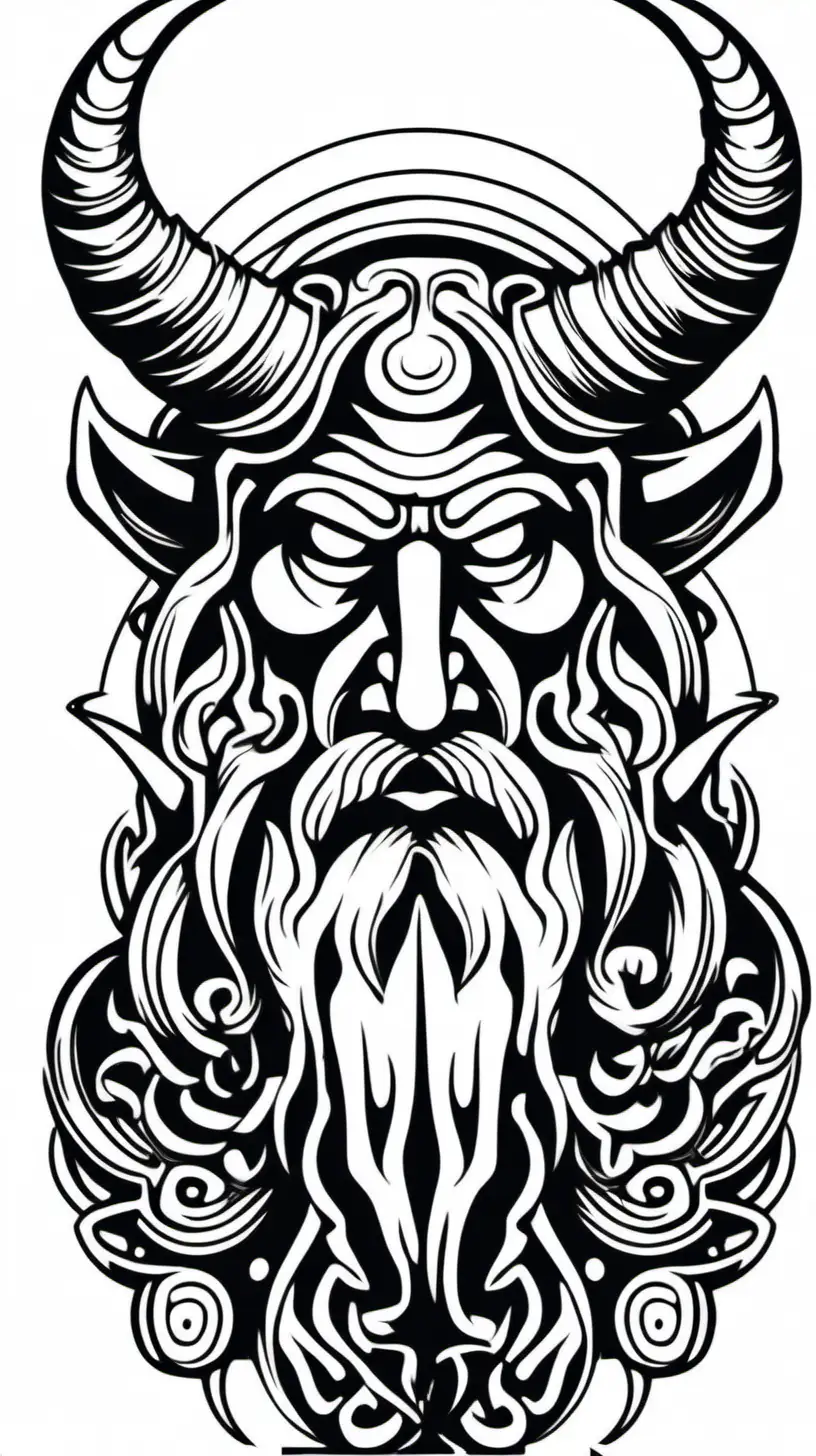 The Horned God of pagan legend, cartoon, black and white, simple lines, horns facing downward
