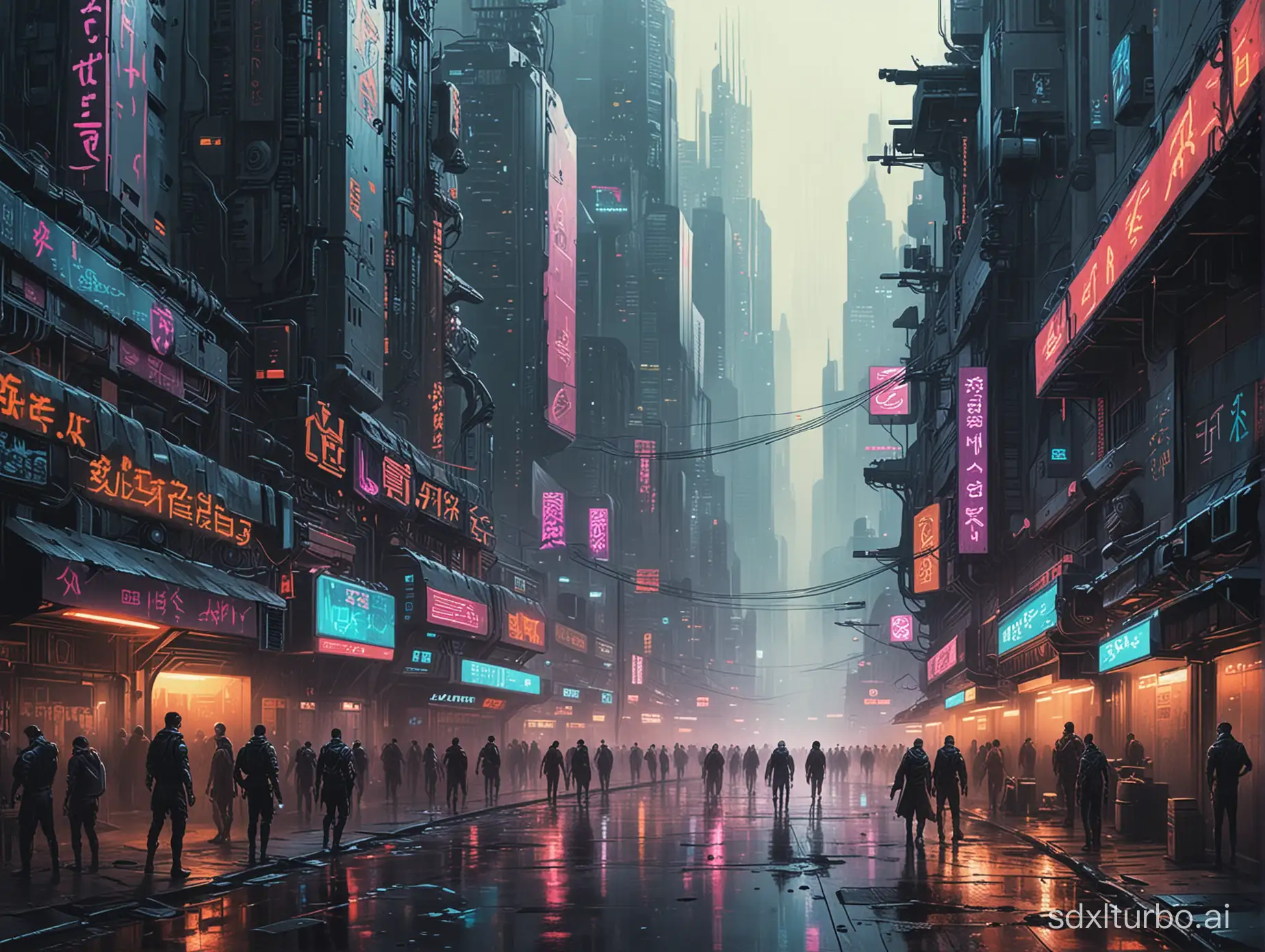 Futuristic-Cyberpunk-Cityscape-Artwork-Neonlit-Urban-Landscape-with-Technological-Elements