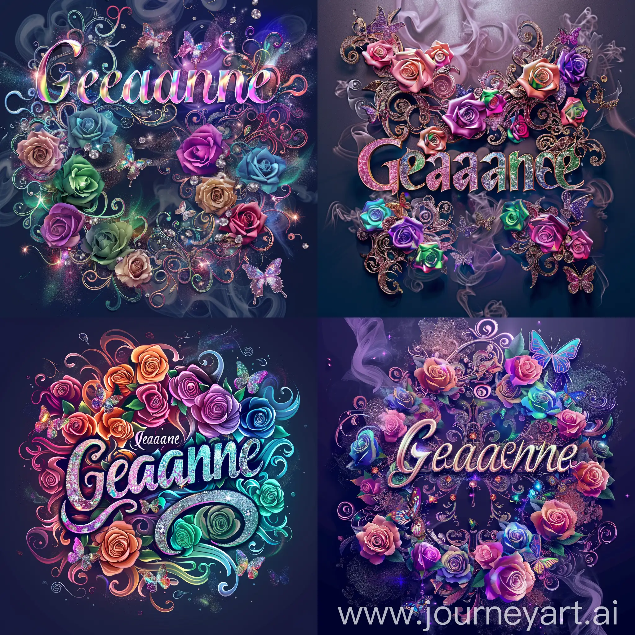 name Geannene in block font filled with iridescent roses and filigree with multicolored roses, diamonds and butterflies glitter swirls of epic smoke