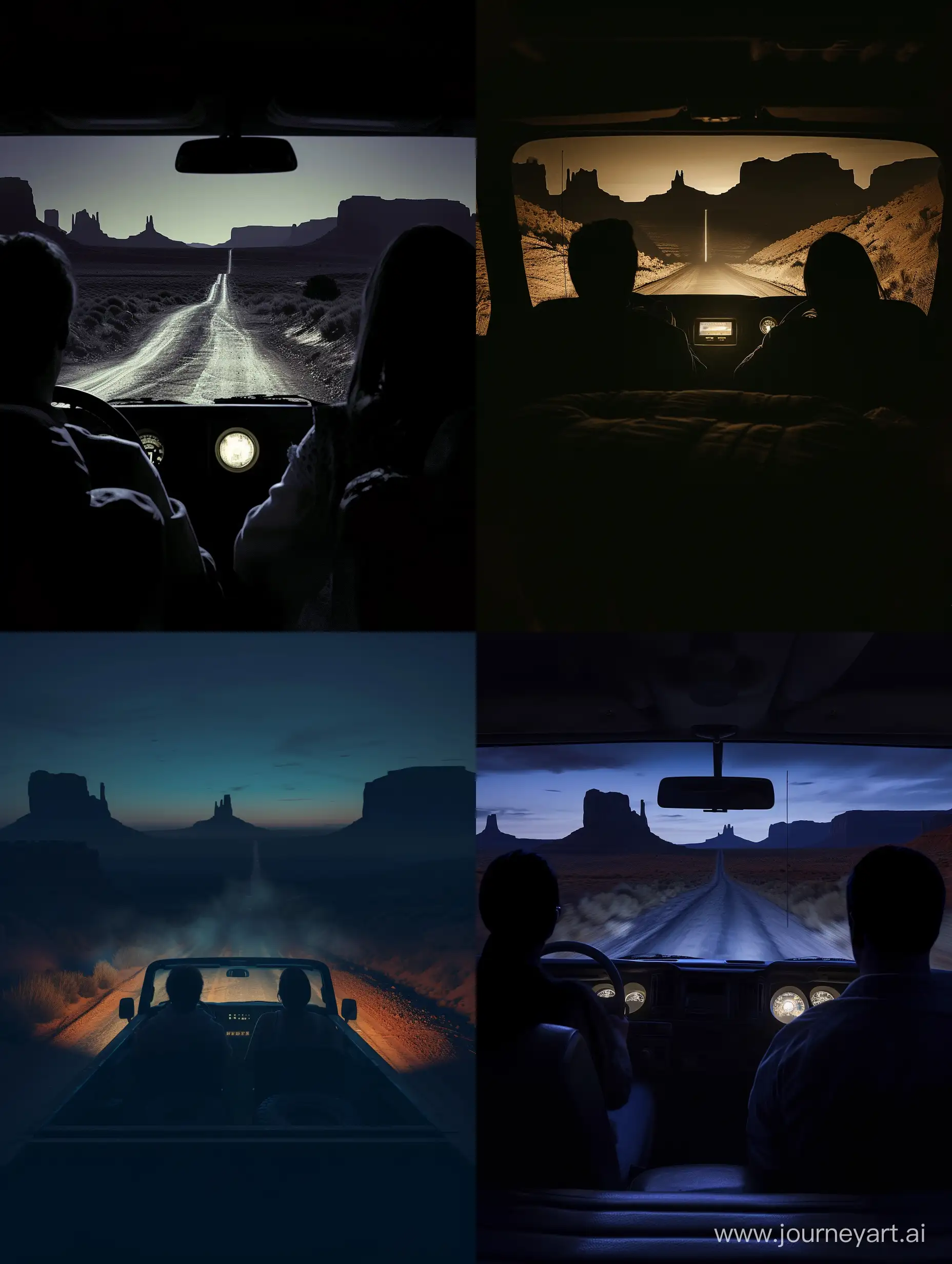 Couple-Driving-Rugged-Pickup-Truck-Through-Desert-Night