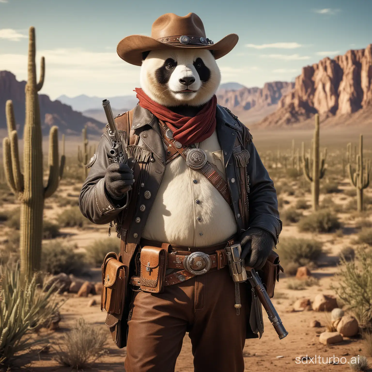 Panda Gunslinger, a panda dressed in cowboy attire, Western wilderness survival outfit, with a lit cigar in its mouth, two long-barreled revolvers holstered on its waist, background is a desert landscape with several cacti.