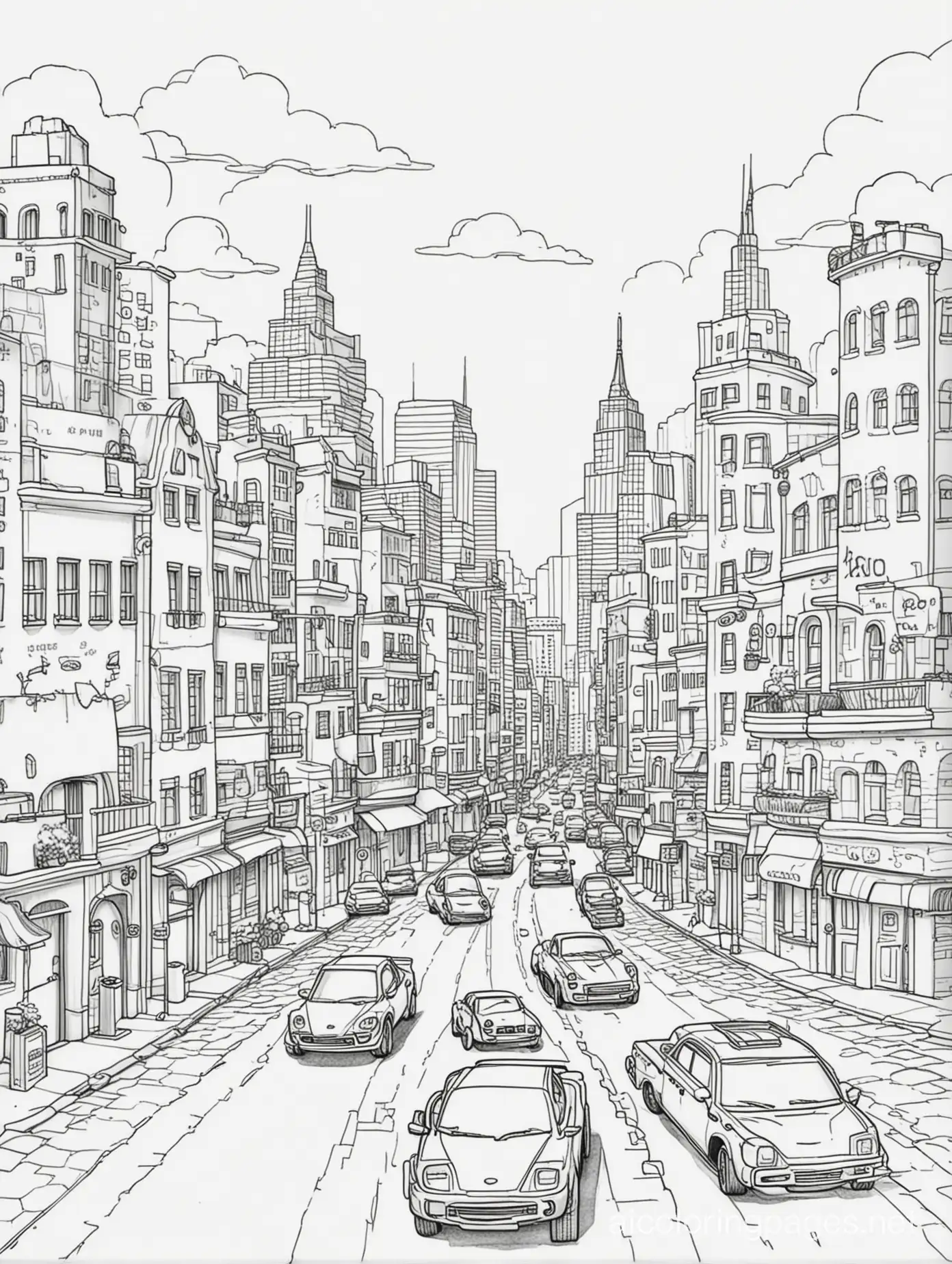 City with cars, Coloring Page, black and white, line art, white background, Simplicity, Ample White Space. The background of the coloring page is plain white to make it easy for young children to color within the lines. The outlines of all the subjects are easy to distinguish, making it simple for kids to color without too much difficulty