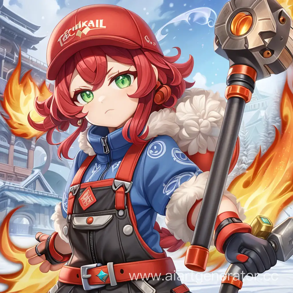 Anime character, character from the game Genshin Impact, character from the game Honkai: Star Rail, short girl, fiery red hair, bright green eyes, hat with earflaps, girl from Russia, lolicon, girl with a huge mechanical hammer, jet-powered hammer, fire technique, fire magic, fighting ring, a girl is a boxer of low stature, aggressive character, uses fire and a two-handed jet hammer and jet engines in battle, technomagy, fantasy technomagy, Russian hat with earflaps, winter overalls, the girl looks like the character Hook from Honkai: Star Rail, a girl of 25 years of low stature, looks like Lola but is not her, red short curly hair, winter clothes