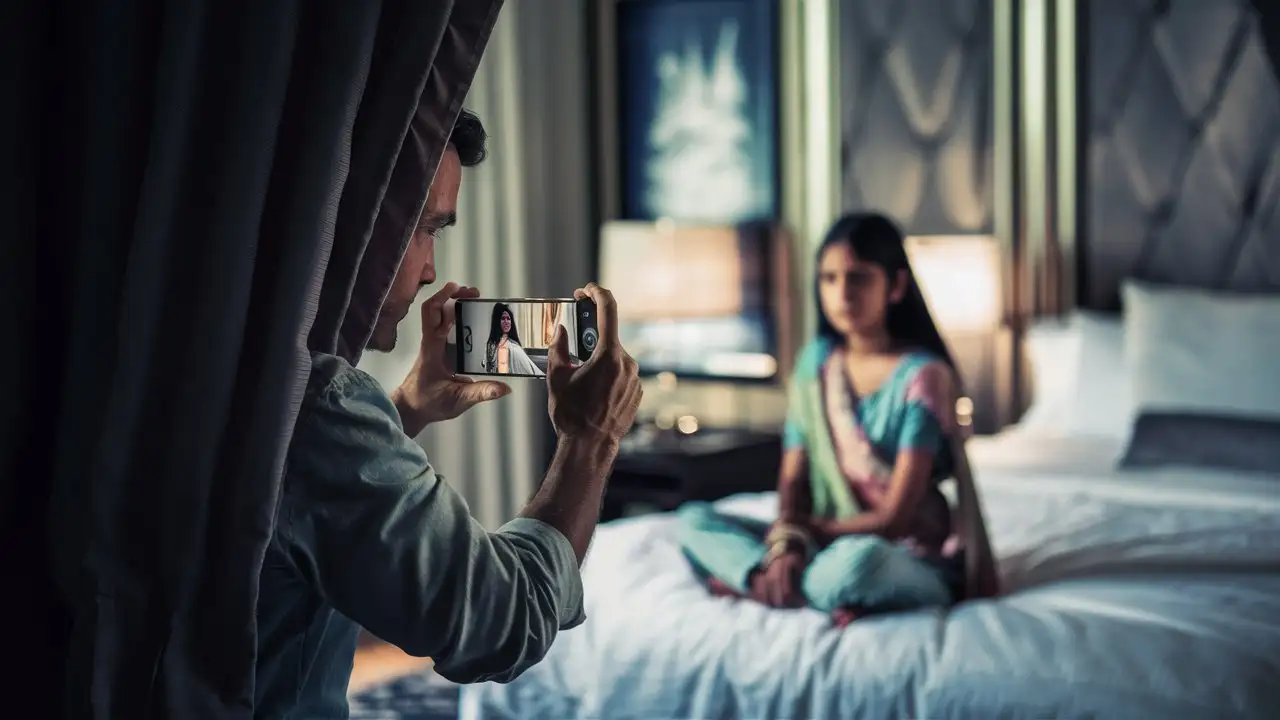 i man recording a video of indian girl secretly with smartphone in a hotel room, wide angle shot, hyper detailed, spying