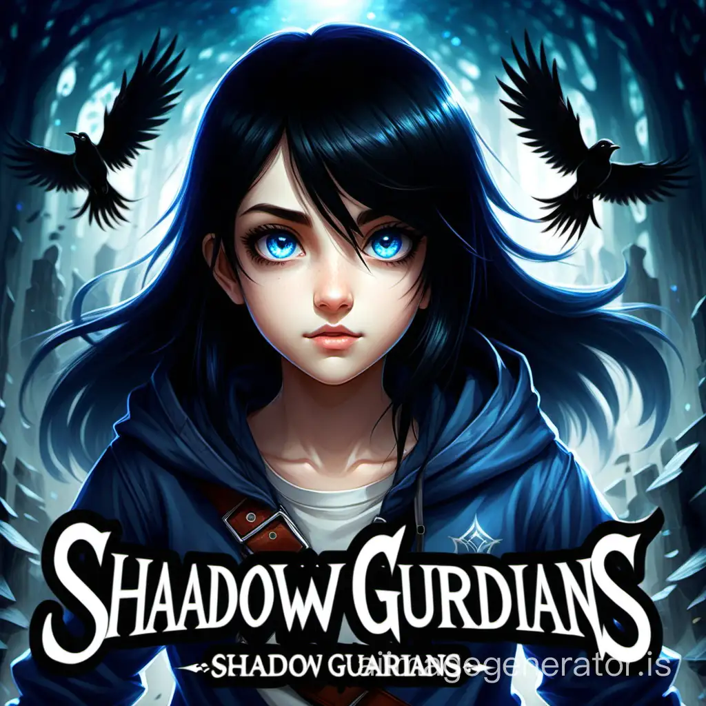 a tomboy girl with blue eyes and black hair
with the words " Shadow Guardians "