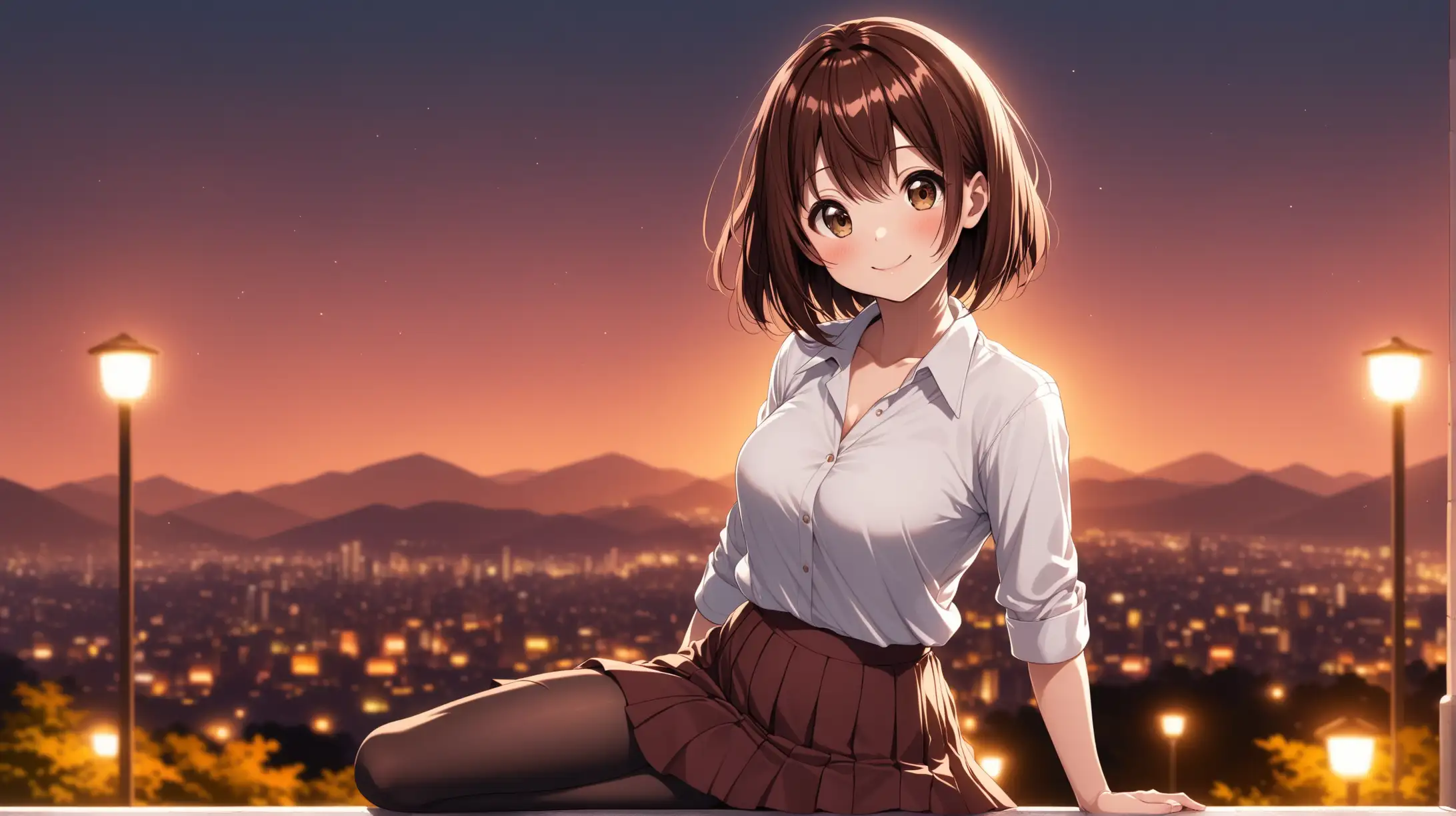Draw the character Ochaco Uraraka, brown hair, dark brown eyes, high quality, long shot, ambient lighting, outdoors, seductive pose, pleated skirt, tights, shirt with open collar, smiling at the viewer