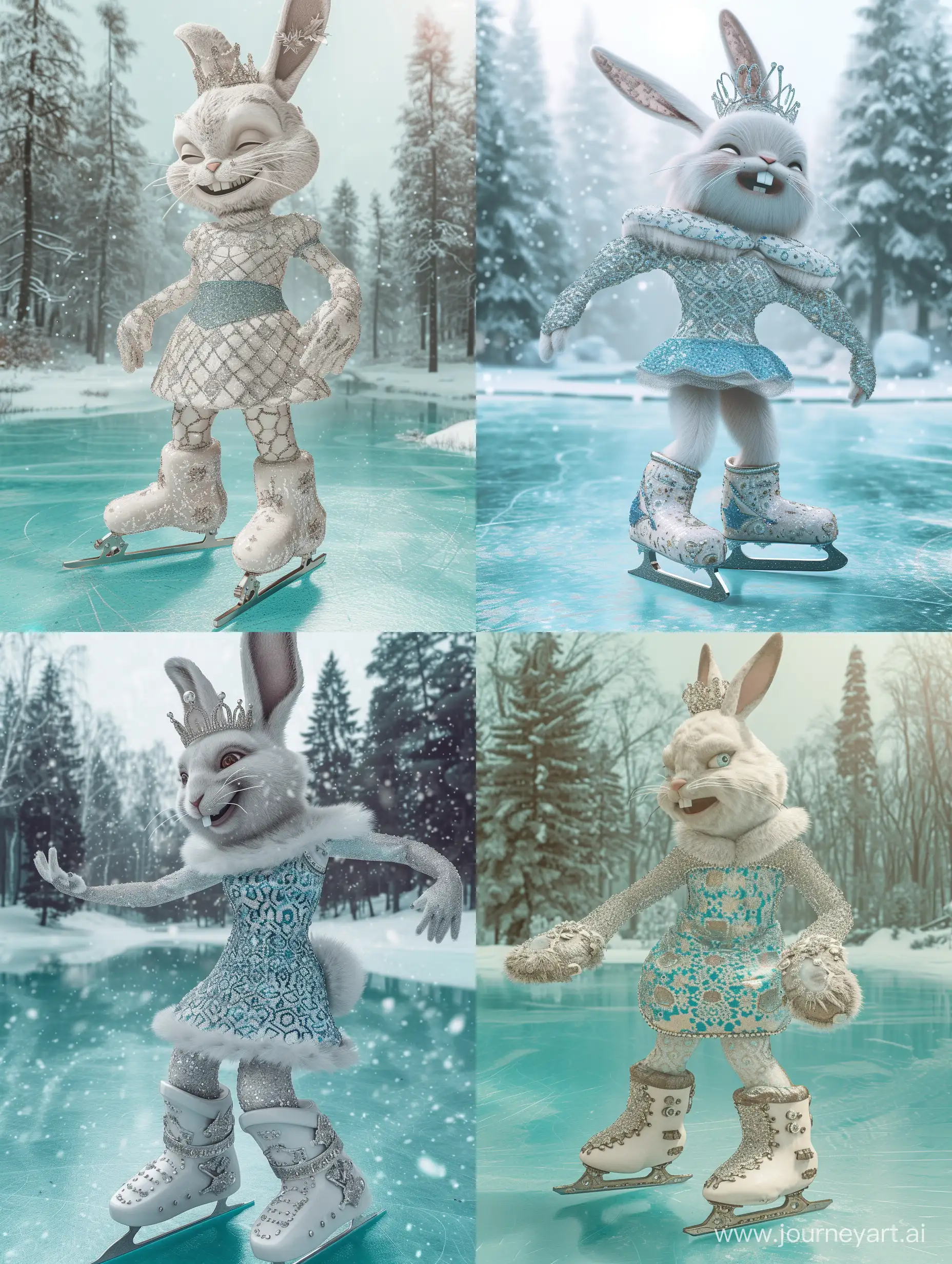 Anthropomorphic realistic kind smiling white bunny figure skater in tiara, short sparkling white, blue, silver patterned dress with long white and silver sleeves and in detailed white and silver large realistic skates skating on
Two paws in full height on the aquamarine ice of a magical lake against the background of a snow-covered fairytale forest with fir trees, mysterious haze, bright lighting, high resolution, high detail
 --v 6 --ar 3:4 --no 2226