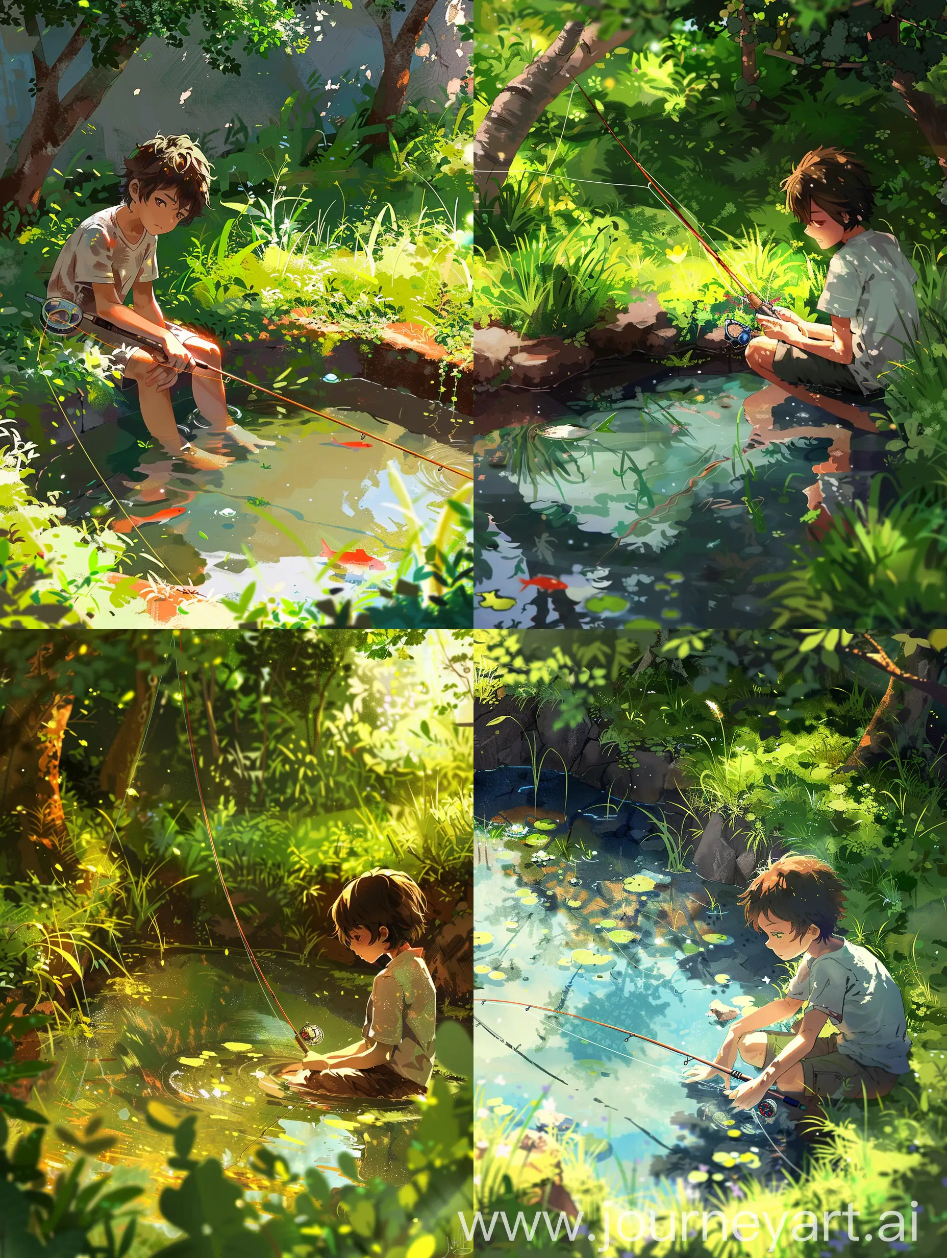 Shojo anime style,A young boy who is 15 year old with a bored expression sits by a small pond, fishing rod in hand. It’s a bright summer day, and the pond is surrounded by lush green grass and a few trees.avoid bad and distorted view of his body and hands.