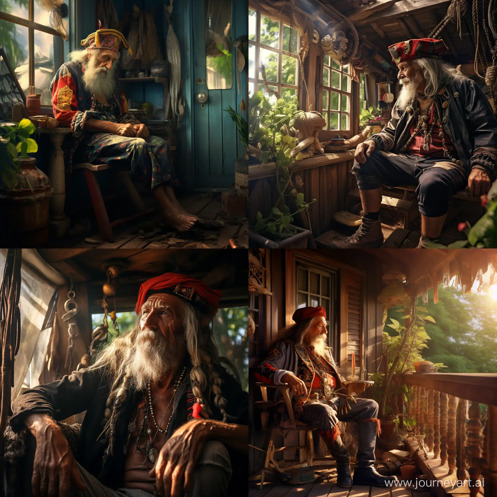 пират на пенсии, на веранде деревянного дома